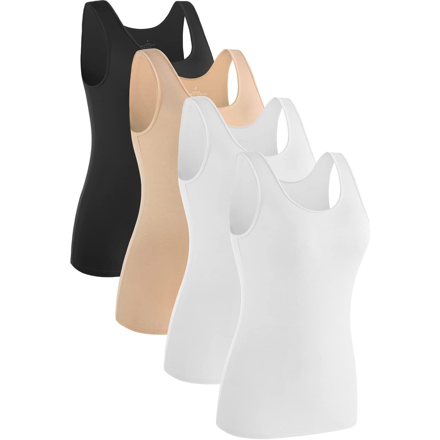 Rosyline 4 Piece Women Tank Tops Basic Sleeveless Undershirt Layering Tanks Black/Beige/White/White S
