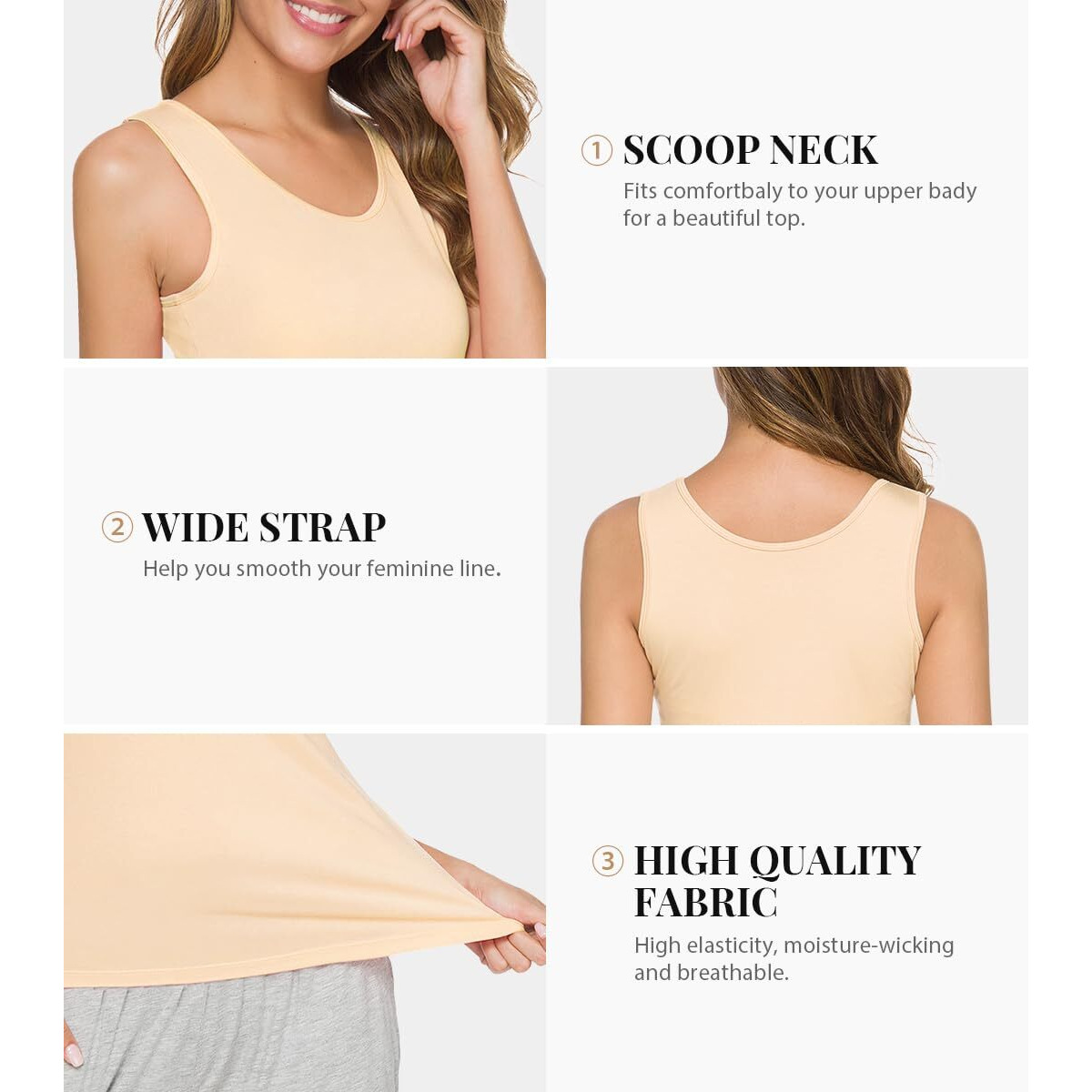 Rosyline 4 Piece Women Tank Tops Basic Sleeveless Undershirt Layering Tanks Black/Beige/White/White S