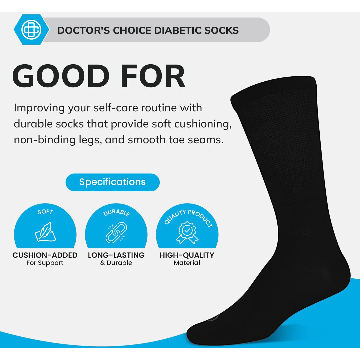 Doctor's Choice Diabetic Socks For Men, Seamless Crew Socks With Non-Binding Top, Mens Diabetic Socks Provides Extra Comfort For Gout | Non Binding Socks | 4-Pairs, Black, Large, Size 10-13