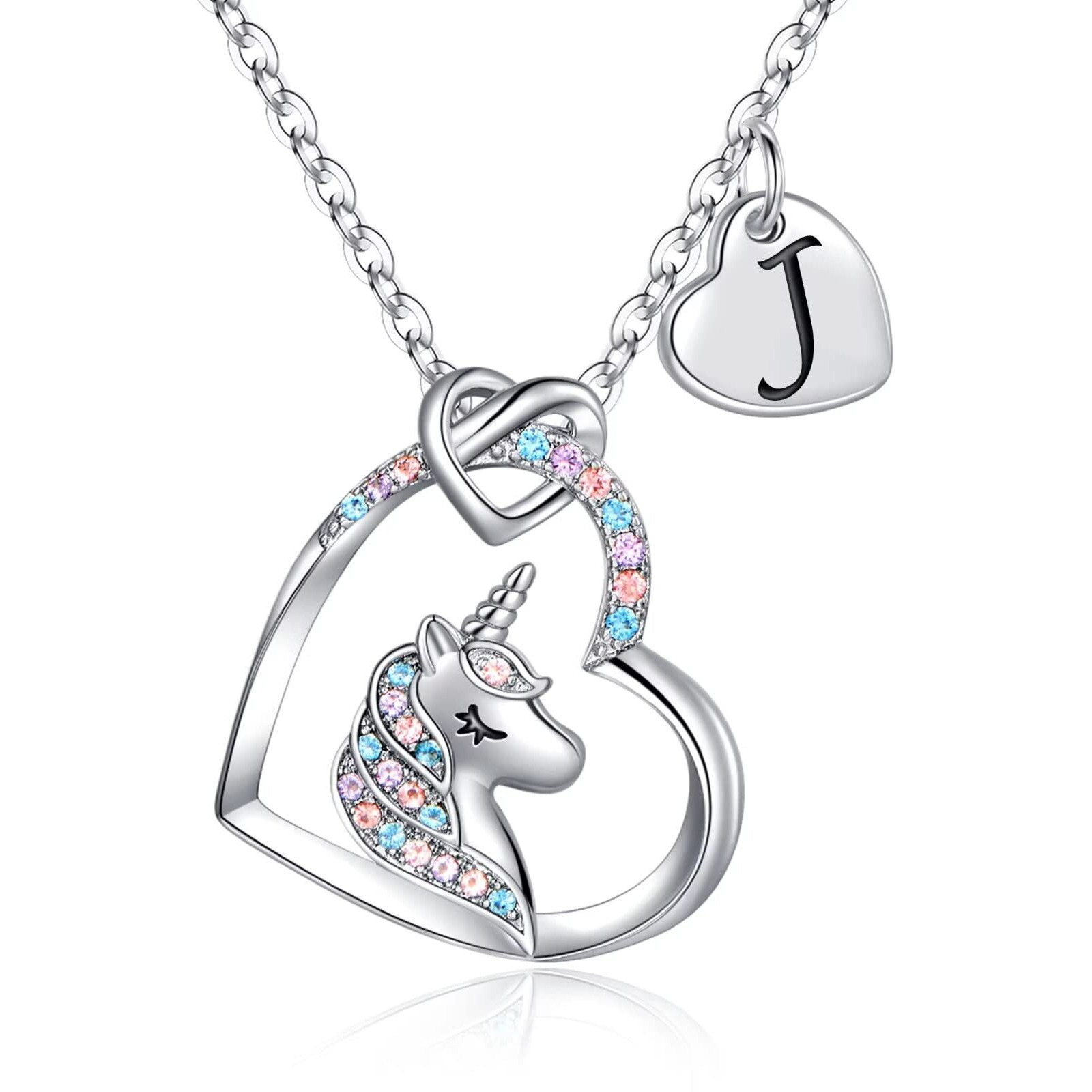 Hidepoo Unicorn Necklace Gifts For Girls, 14K White Gold Plated Heart Pendant Colorful Cz Unicorn Necklace Initial J Pendant Unicorn Necklaces For Women Teen Girls Jewelry Unicorns Gifts For Girls