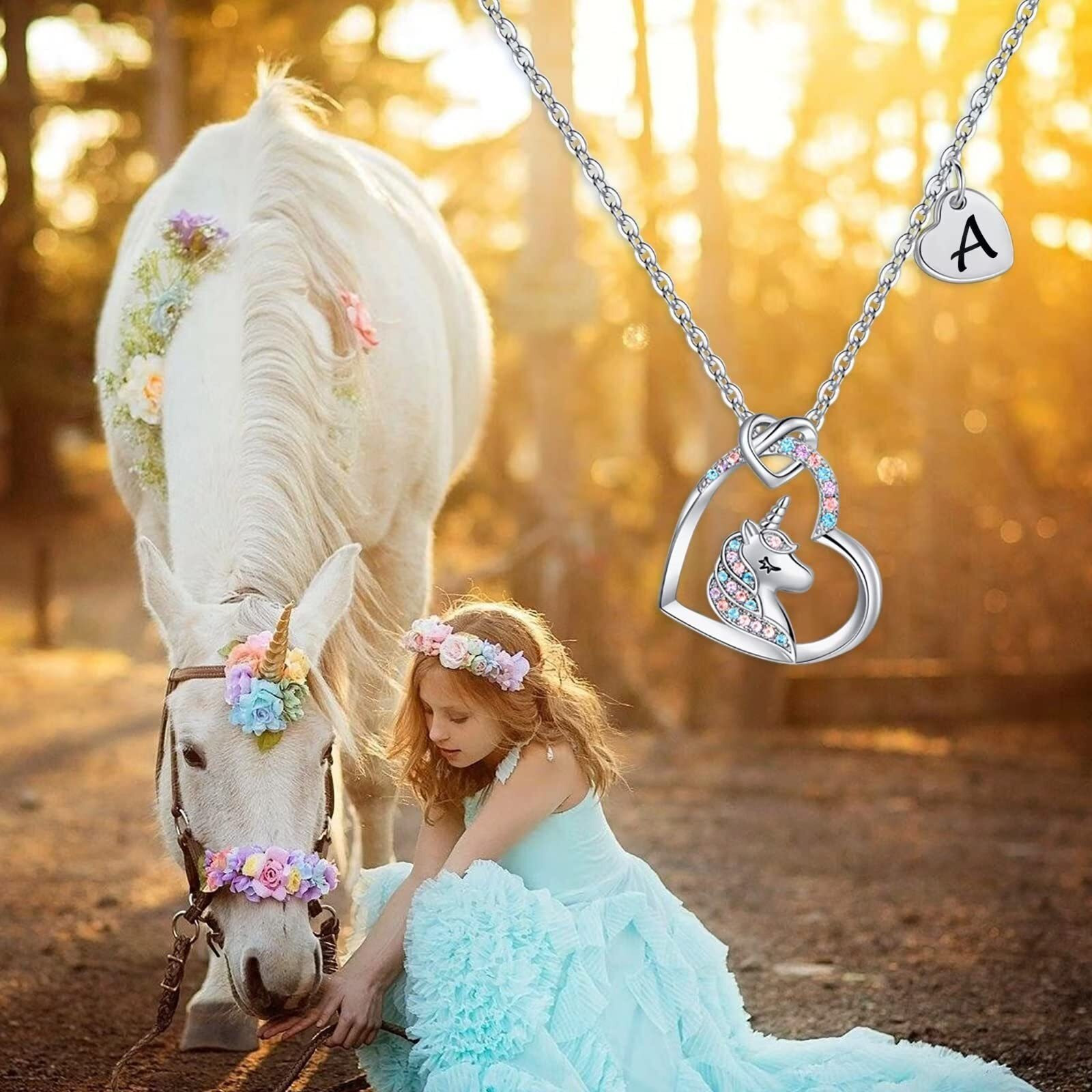 Hidepoo Unicorn Necklace Gifts For Girls, 14K White Gold Plated Heart Pendant Colorful Cz Unicorn Necklace Initial J Pendant Unicorn Necklaces For Women Teen Girls Jewelry Unicorns Gifts For Girls