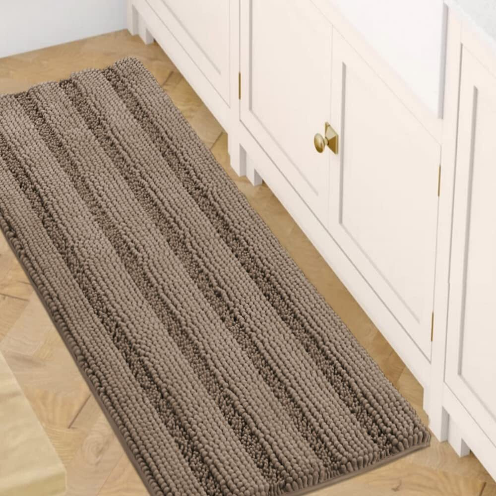 Bath Rugs For Bathroom Non Slip Bath Mats Extra Thick Chenille Striped Bath Rug Runners 47"" X 17"" Absorbent Fluffy Soft Shaggy Mats Dry Fast Plush Area Carpet For Bath Room - Taupe Brown