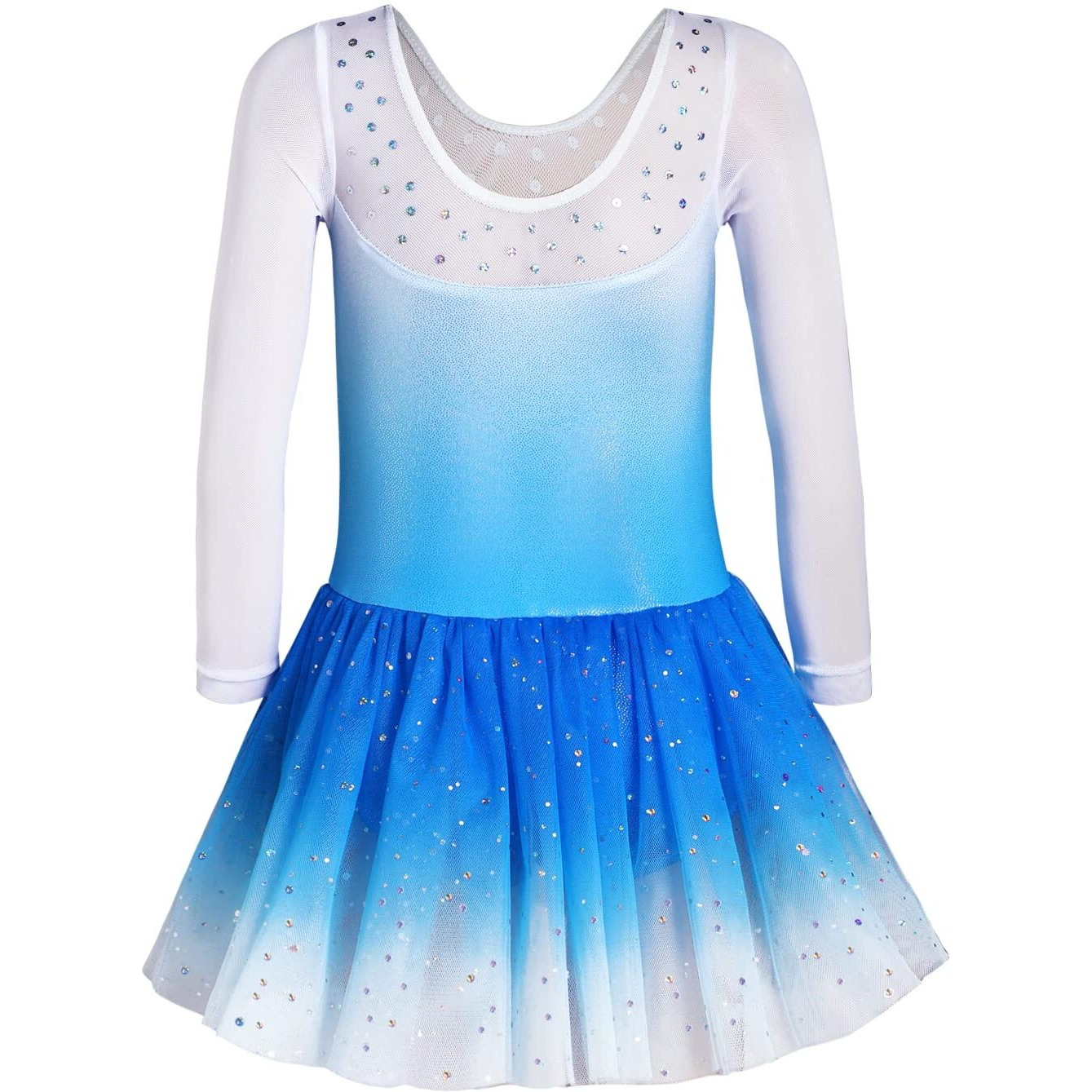 Dance Leotards For Girls 5-6 7 Toddler Kid Long Sleeve Gymnastics Ballet Tulle Dance Dress Blue White Skirt(Baby Girls/Toddler Girls/Big Girls) (Blue Long Sleeve, 6-7 Years)