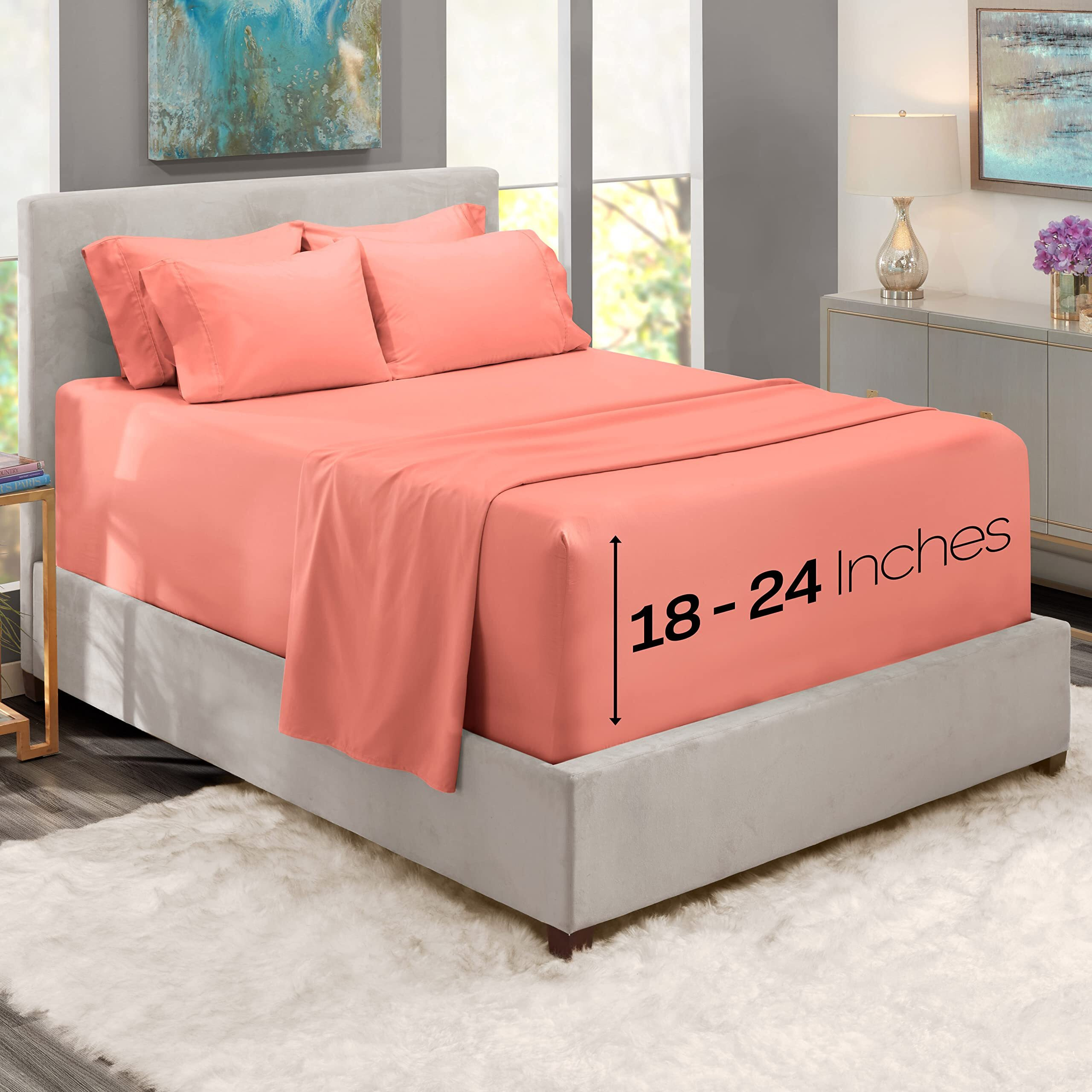 Hearth & Harbor Extra Deep Pocket Sheets - Fits Mattress 18-24 Inches Deep - Extra Deep Pocket King Size Sheets Sets - 6 Piece King Size Sheets - King Sheets Deep Pocket - Misty Rose Sheets
