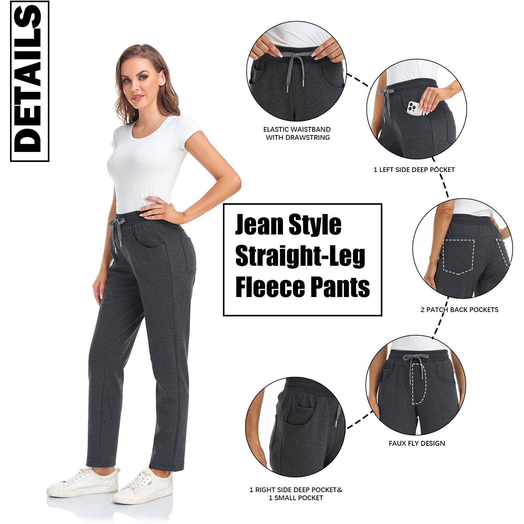 Inno Women's Buttery Soft Fleece Lined Straight Pants Warm Sweatpants Thermal Athletic Lounge, Dark Grey, L, Regular-31 Inseam