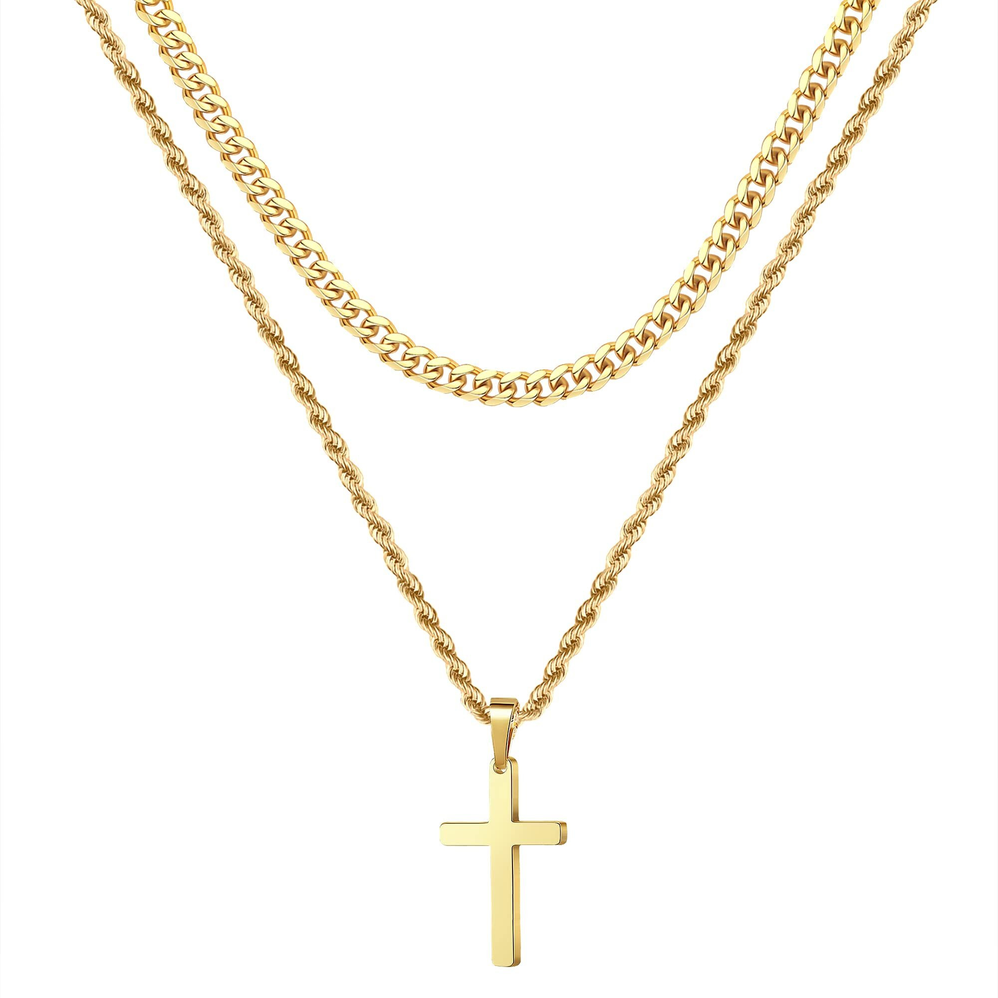 Cross Necklace For Men Women, Stainless Steel Gold Layered Rope Chain Cross Pendant Simple Necklace Jewelry Dainty Cross Chain For Men Teen Girls 16 18 Inch Mens Gifts For For Men Women Teen Girls