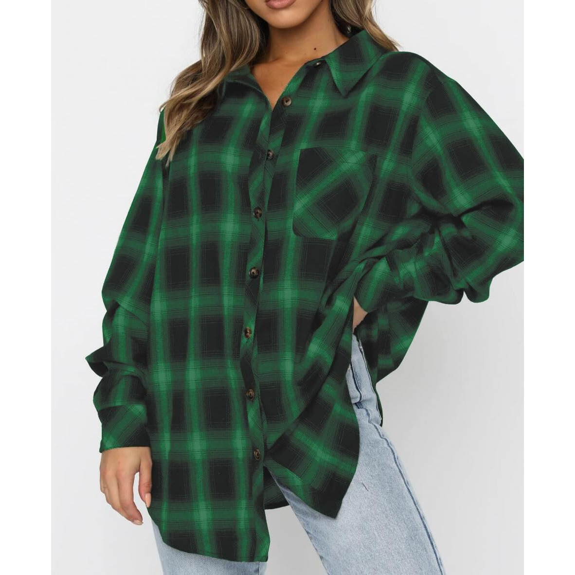 Lacozy Womens Buffalo Check Plaid Flannel Shirt Casual Long Sleeve Button Down Shirts Green Medium