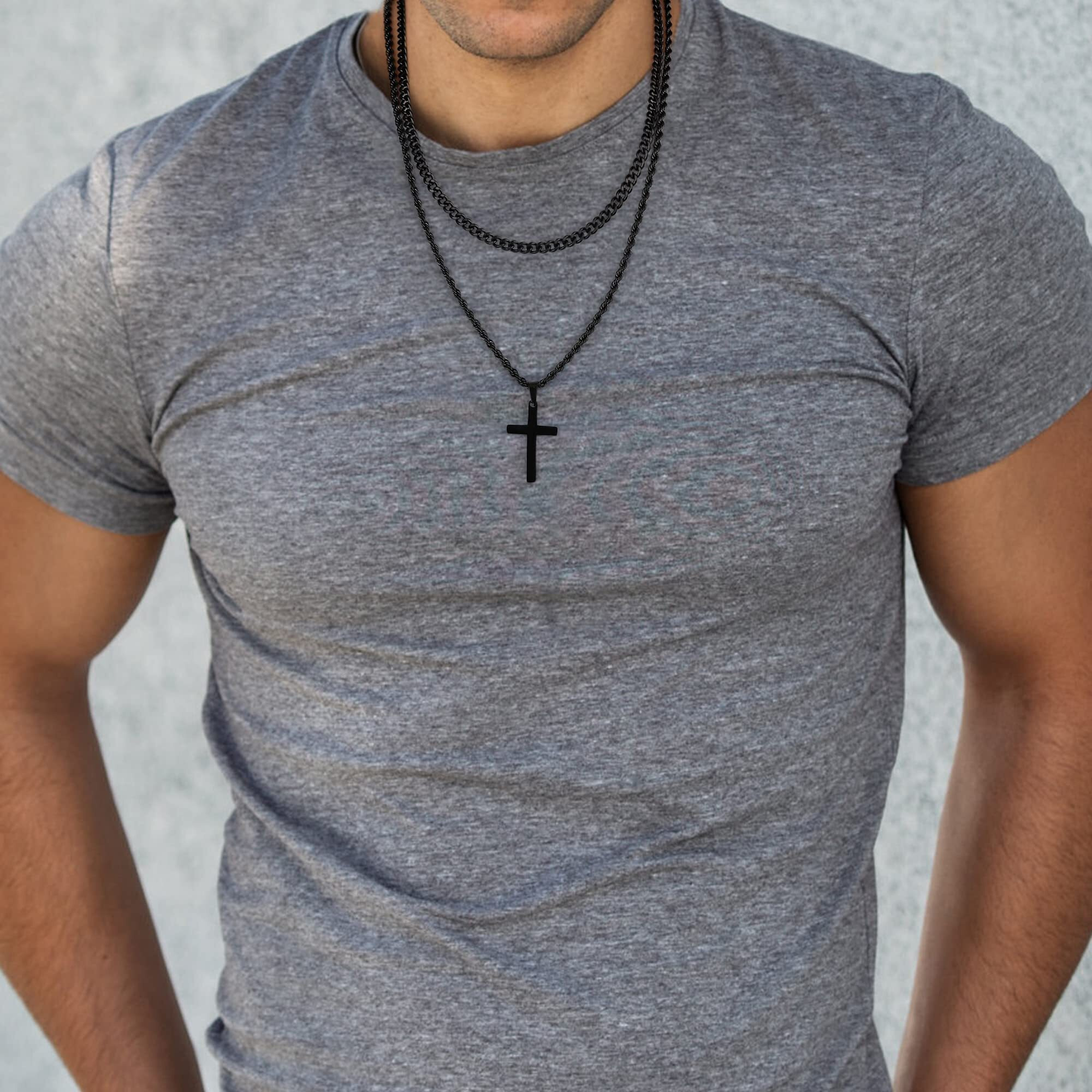 Yooblue Cross Necklace For Men Boys, Mens Cross Necklace Stainless Steel Black Layered Necklace Jewelry Gifts Dainty Cross Chain Necklace For Men 16 18 Inches Mens Cross Necklace Gifts Chains For Men