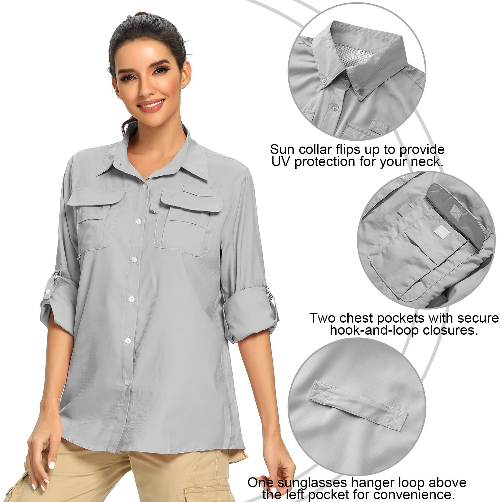 Jessie Kidden Women 's Upf 50+ Uv Sun Protection Safari Shirt, Long Sleeve Outdoor Cool Quick Dry Fishing Hiking Gardening Shirts (5055 Grey Xxl)