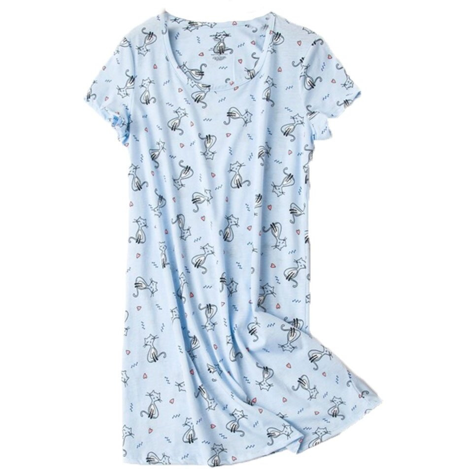 Pnaeong Women 's Cotton Nightgown Sleepwear Short Sleeves Shirt Casual Print Sleepdress Xtsy108-Little Cats-S