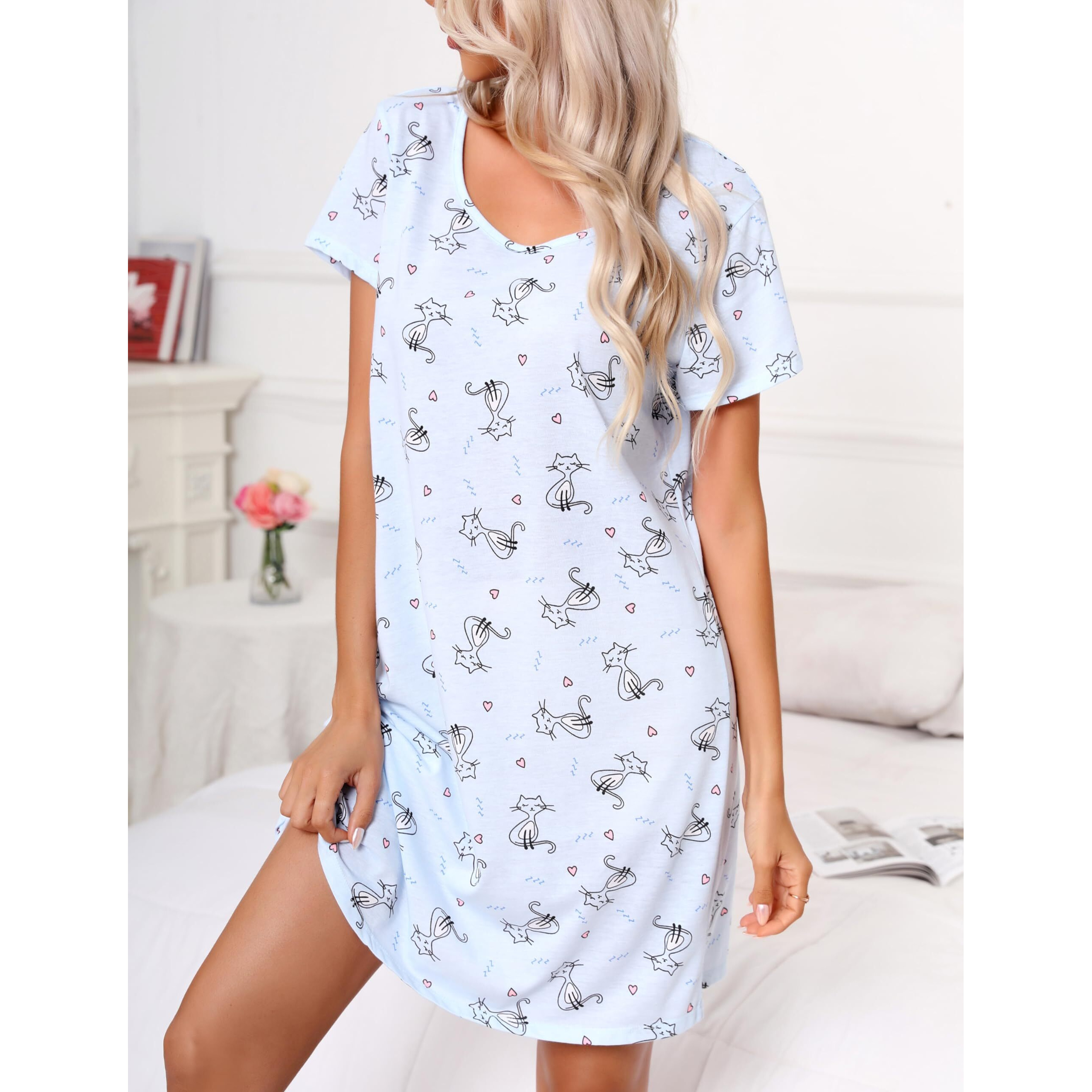 Pnaeong Women 's Cotton Nightgown Sleepwear Short Sleeves Shirt Casual Print Sleepdress Xtsy108-Little Cats-S