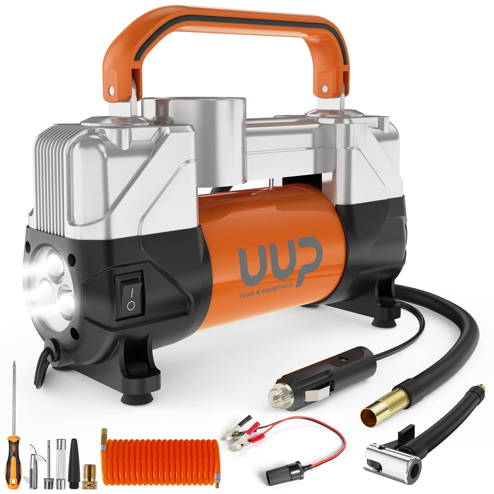Uup Tire Inflator Air Compressor, 150Psi 12V Dc Double Cylinders Heavy Duty Portable Air Pump W/Emergency Led Light For Truck, Suv, Car, Rv