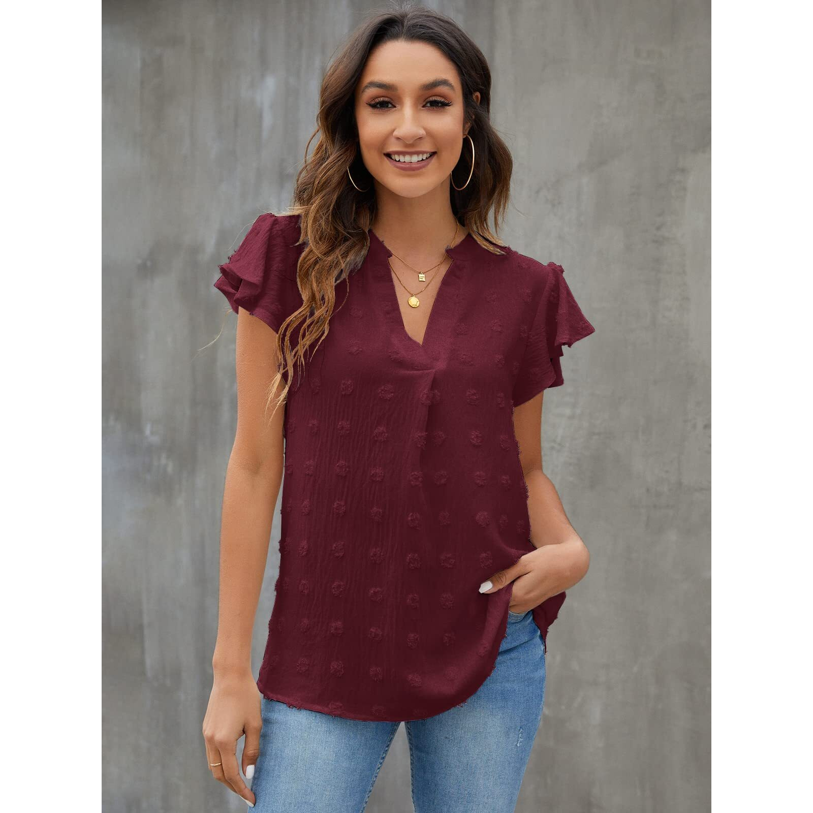 Blooming Jelly Womens White Blouse V Neck Ruffle Sleeve Flowy Shirts Dressy Casual Cute Summer Tops(2X-Large, Wine Red)