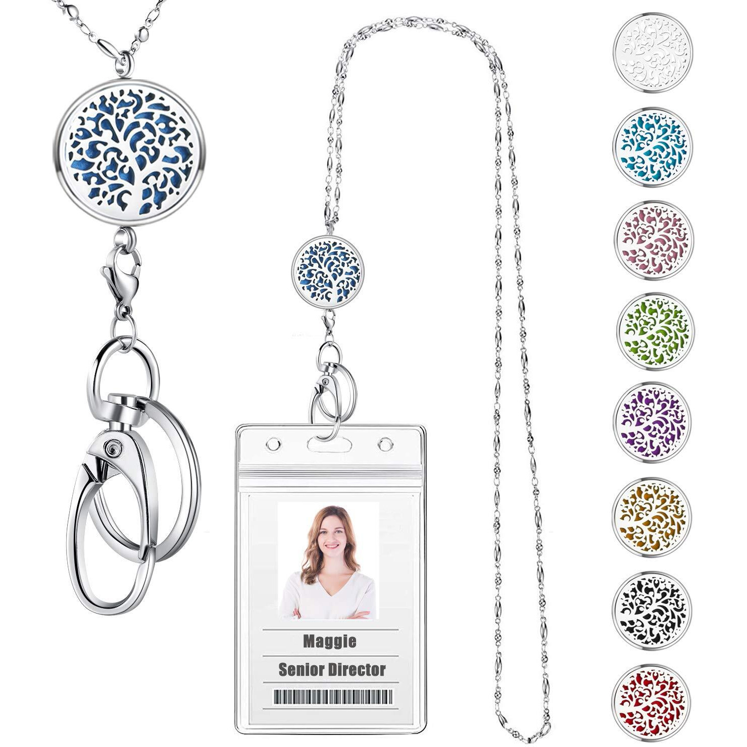 Usangers Lanyards For Id Badges And Keys, Id Badge Holder With Lanyard Stainless Steel Keychain Diffuser Necklace Lanyard Badge Lanyards For Women Teacher Nurse Student Office Work Jewelry Family Tree