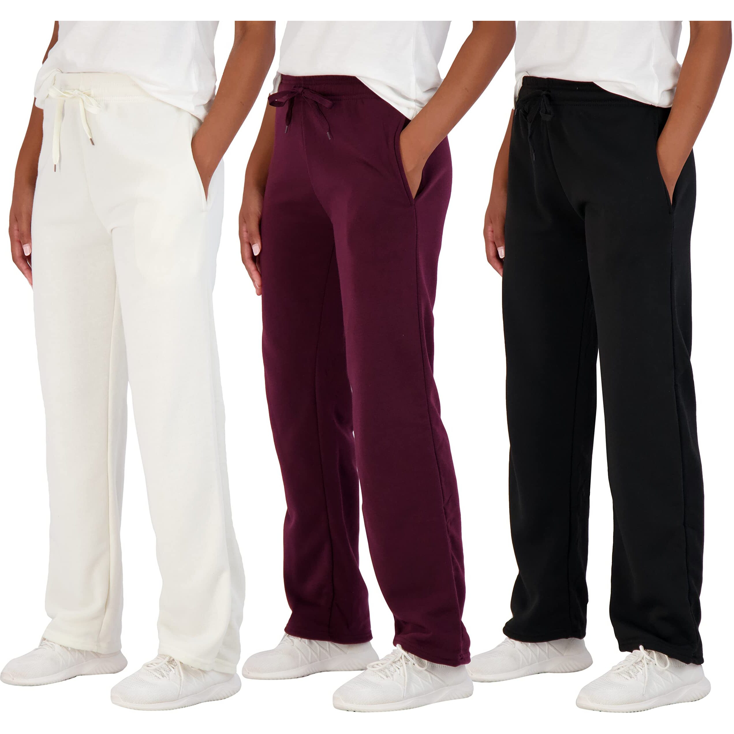 Real Essentials Womens Fleece Open Women Sweatpant Bottom Sweatpants Running Pant Baggy Wide Leg Jogging Sweats Bottoms Teen Lounge Active Ladies Warm Pants Casual Athletic Sweat, Set 1, S, Pack Of 3