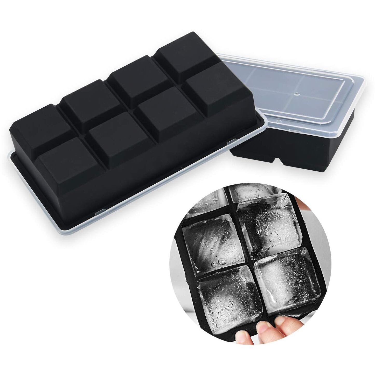 Bangp Large Ice Cube Trays With Lids 2 Pack,Silicone Ice Trays For Freezer,Easy Release Silicone Ice Cube Tray,8 Big Square Ice Cubes Per Tray Ideal For Cocktails,Whiskey,Soups And Frozen Treats