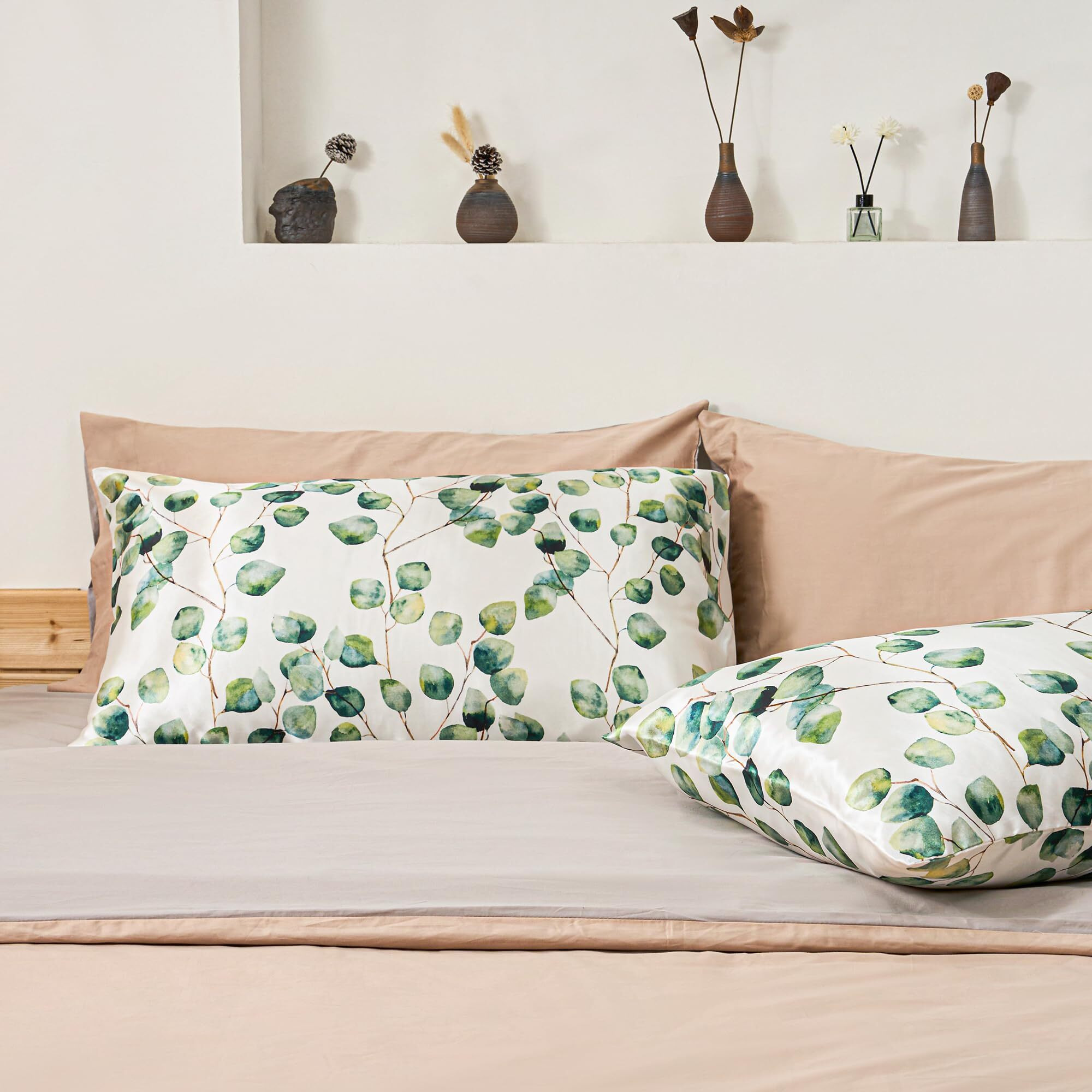 Exq Home Satin Pillowcase Silky Satin Pillowcase For Hair And Skin,Soft Cooling Printed Pillow Cases Queen Size Set Of 2 Satin Pillow Case With Envelope Closure Ink Leaf