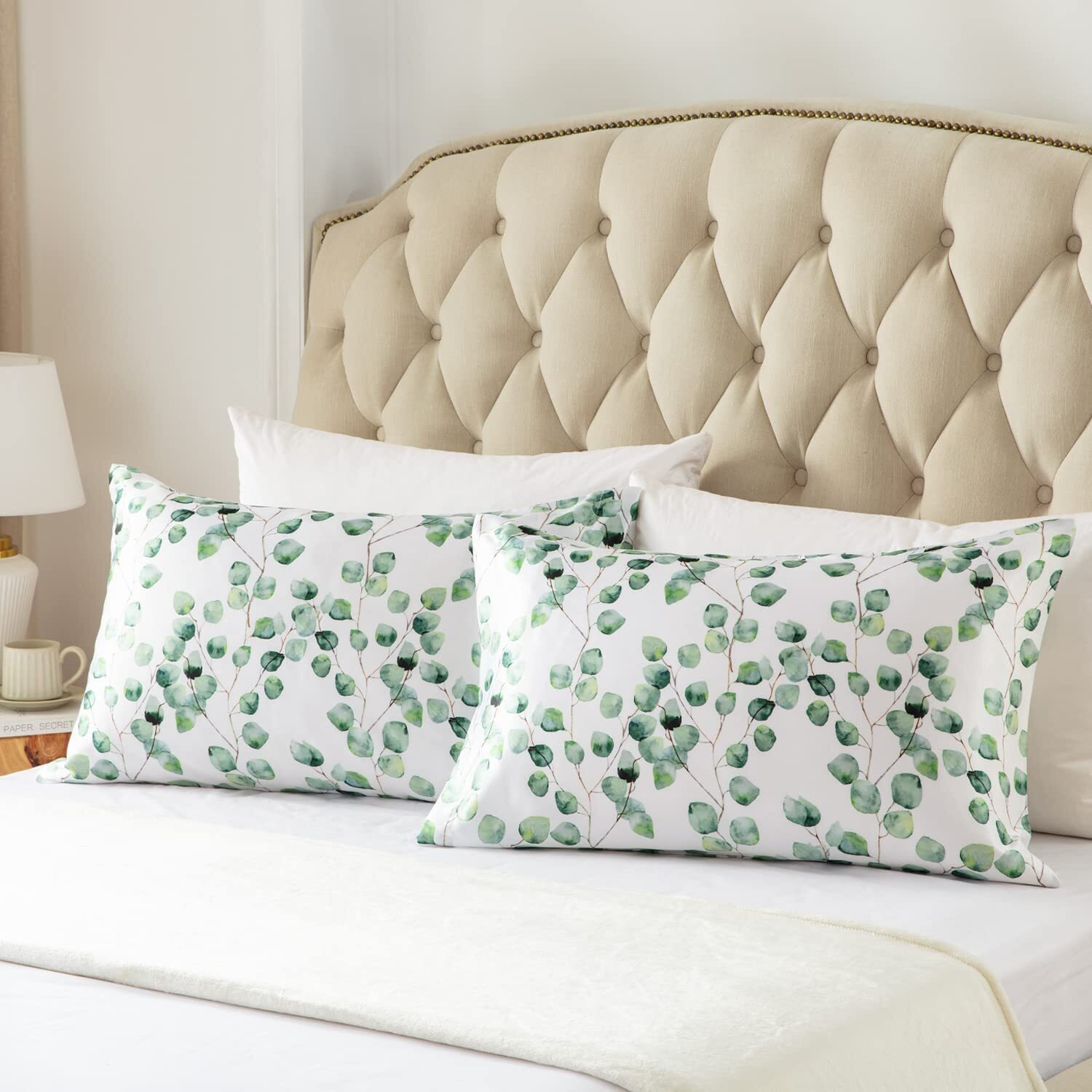 Exq Home Satin Pillowcase Silky Satin Pillowcase For Hair And Skin,Soft Cooling Printed Pillow Cases Queen Size Set Of 2 Satin Pillow Case With Envelope Closure Ink Leaf