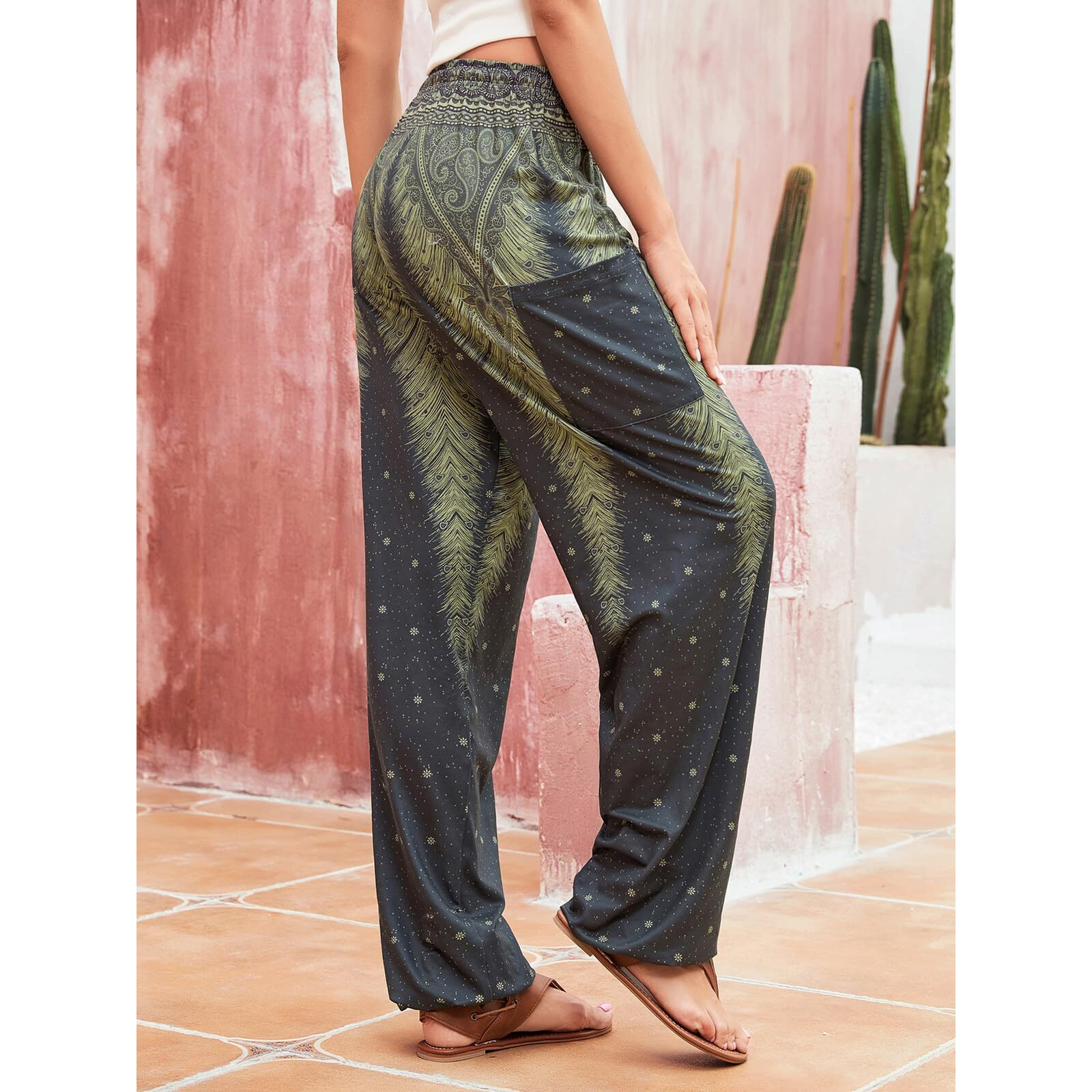 Qianxizhan Women 's Harem Pants, Hippie Palazzo Pants Boho Joggers Yoga Clothes With Pockets Green Flower 3Xl