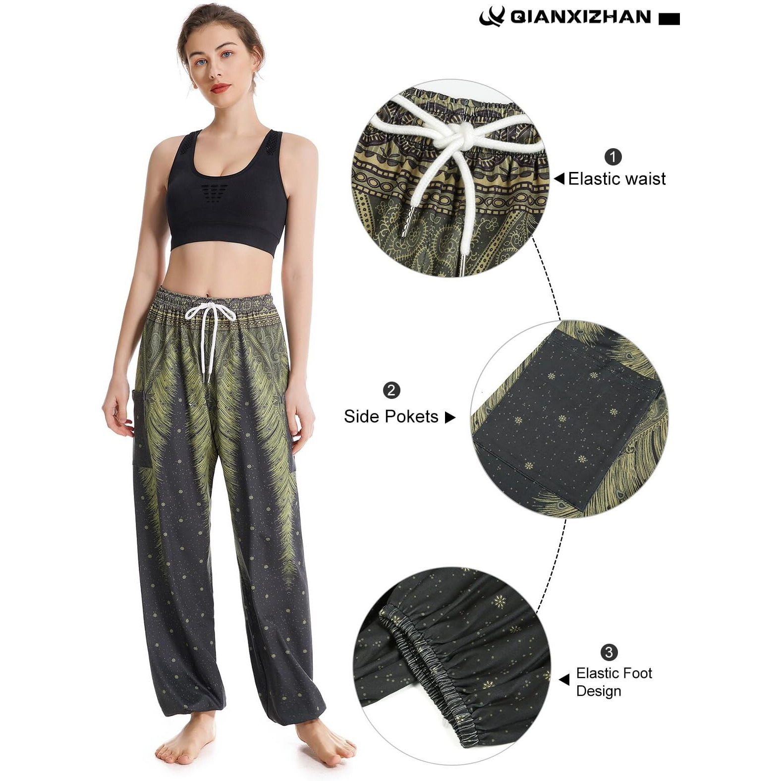 Qianxizhan Women 's Harem Pants, Hippie Palazzo Pants Boho Joggers Yoga Clothes With Pockets Green Flower 3Xl