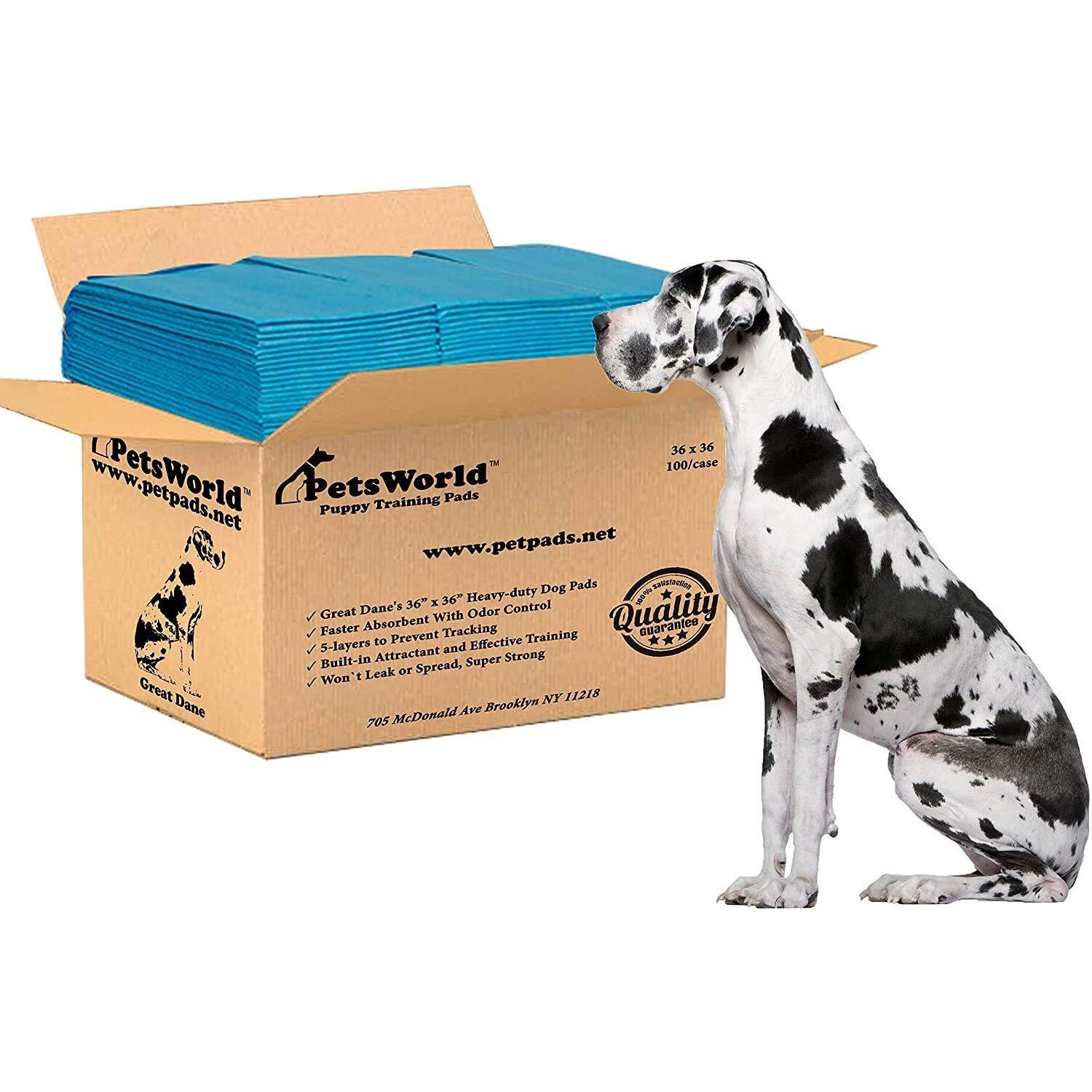 Petsworld Giant Potty Pads For Pets, Odor Eliminating 36"" X 36"",100 Count Pee Pads For Dogs, Gigantic Great Dane Pads, 5 Layer Ultra Absorbent Technology, Leak Proof Training Pads For Dogs & Cats