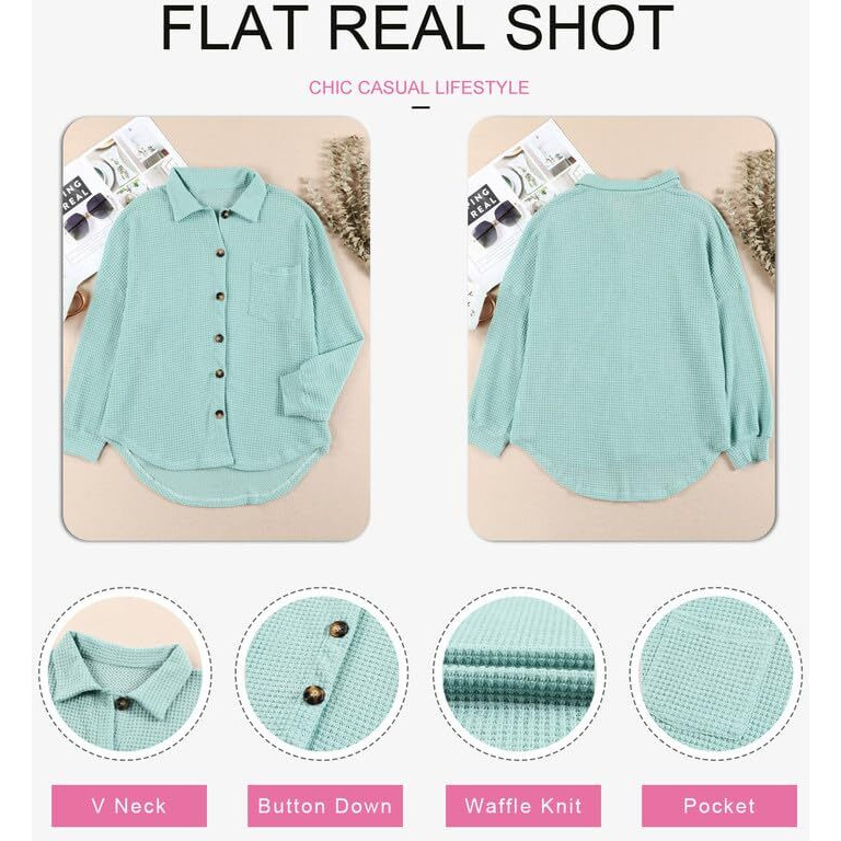 Dokotoo Womens Vintage Solid Color Button Down Shirts Long Sleeve Button Up Pocket Blouses Ladies Loose Fit Waffle Knit Shacket Dressy Boyfriend Tops Sky Blue Large