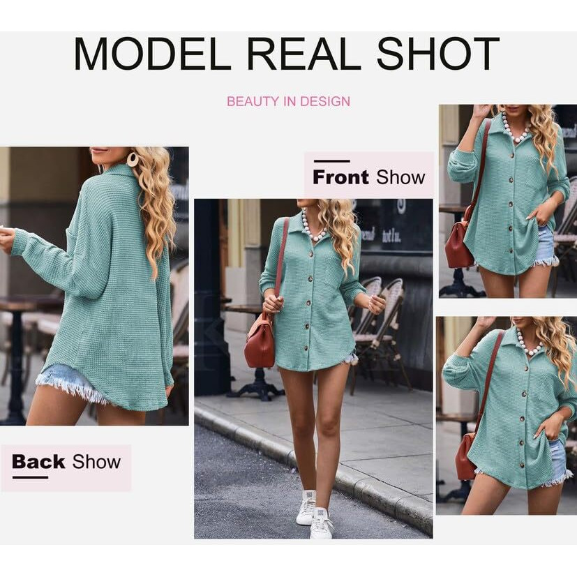 Dokotoo Womens Vintage Solid Color Button Down Shirts Long Sleeve Button Up Pocket Blouses Ladies Loose Fit Waffle Knit Shacket Dressy Boyfriend Tops Sky Blue Large