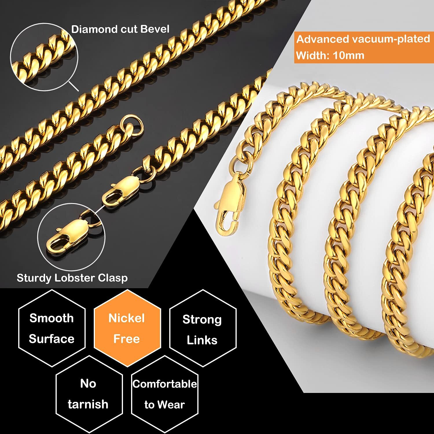 Jewlpire Gold Chain For Men Women, 10Mm Mens Necklace Cuban Link Chain For Men 18K Gold Plated Mens Gold Chain, Gold Chain 26 Inch