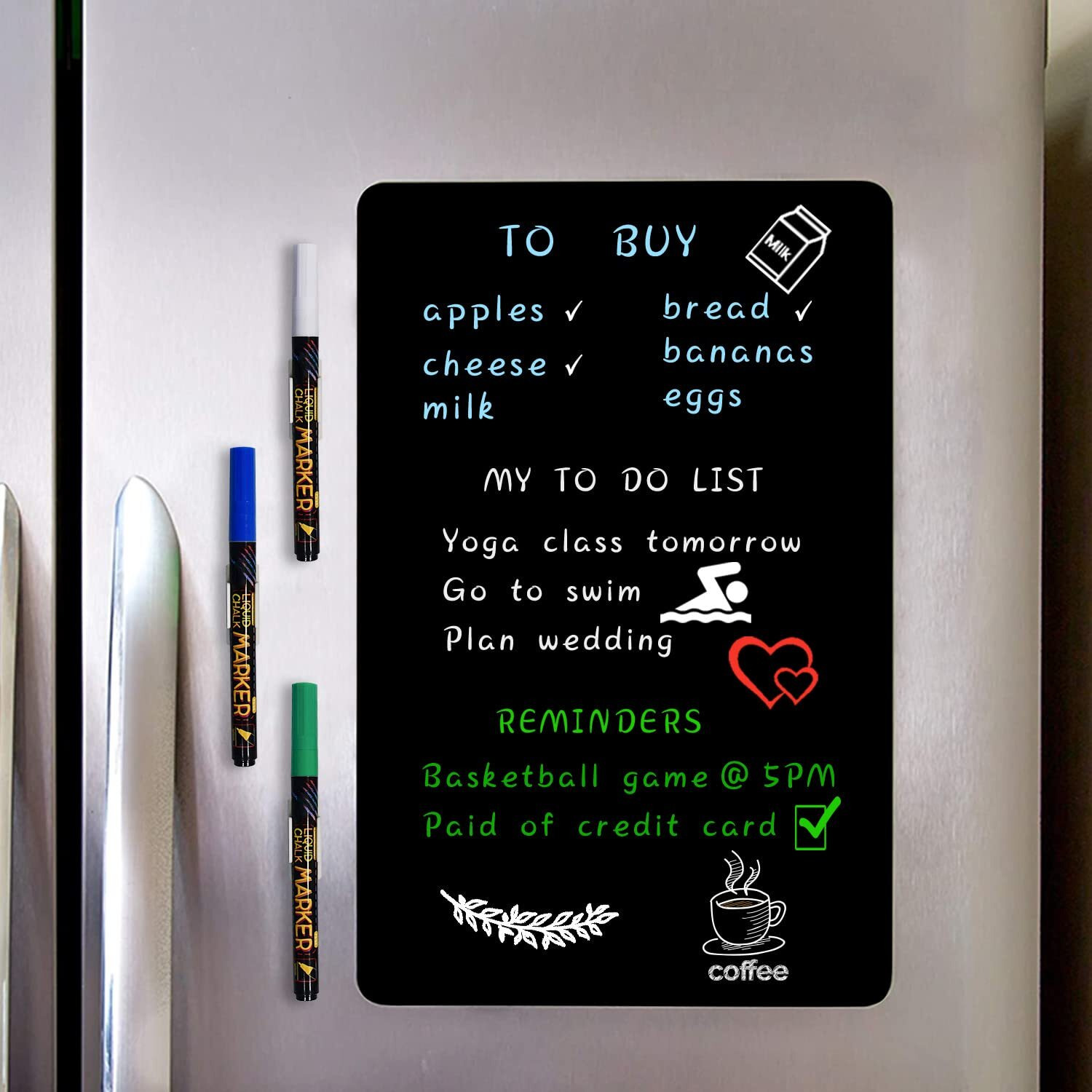 Magnetic Black Dry Erase Board Sheet 17X11"" For Fridge, Bright Colors Chalk Markers And Easy To Clean, Small Refrigerator Magnet Whiteboard For Family Planner And Grocery List,3 Chalk Markers & Eraser