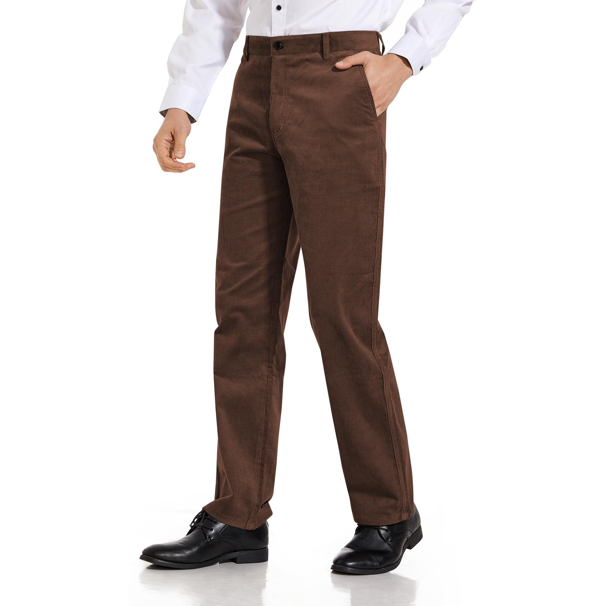 Alimens & Gentle Men 's Corduroy Pant Straight Fit Flat-Front Casual Chino Pants Brown