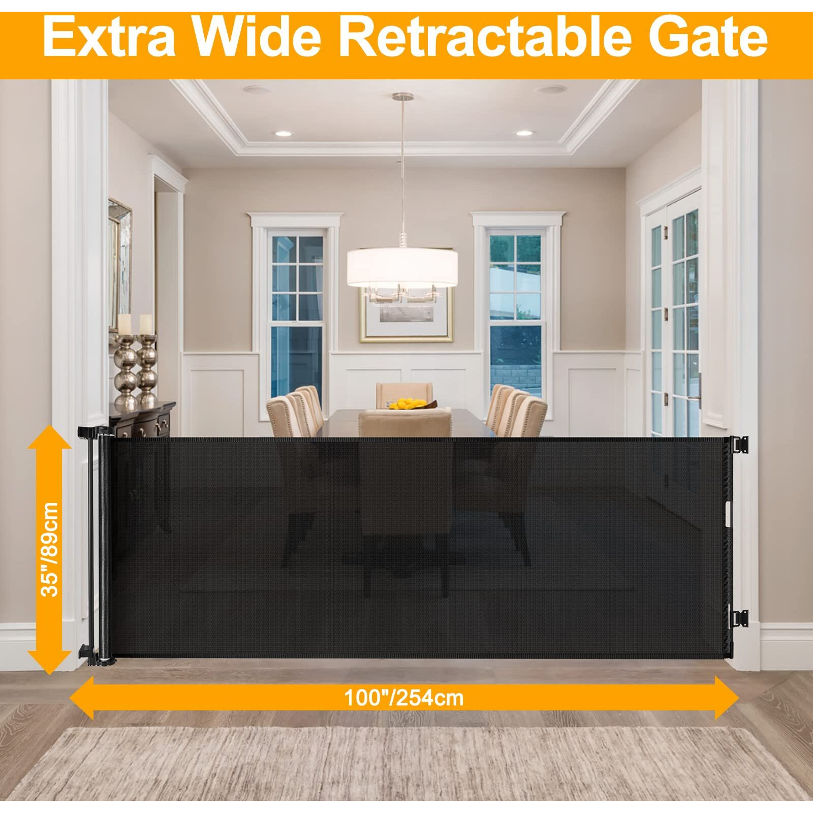 Womhom 100 Inch Extra Wide Baby Gate For Large Opening Retractable Baby Gates For Dogs Indoor Safety Gate Dog Gates For The House Extra Long Baby Gate For Stairs Outdoor Mesh Large Pet Gate (Black)