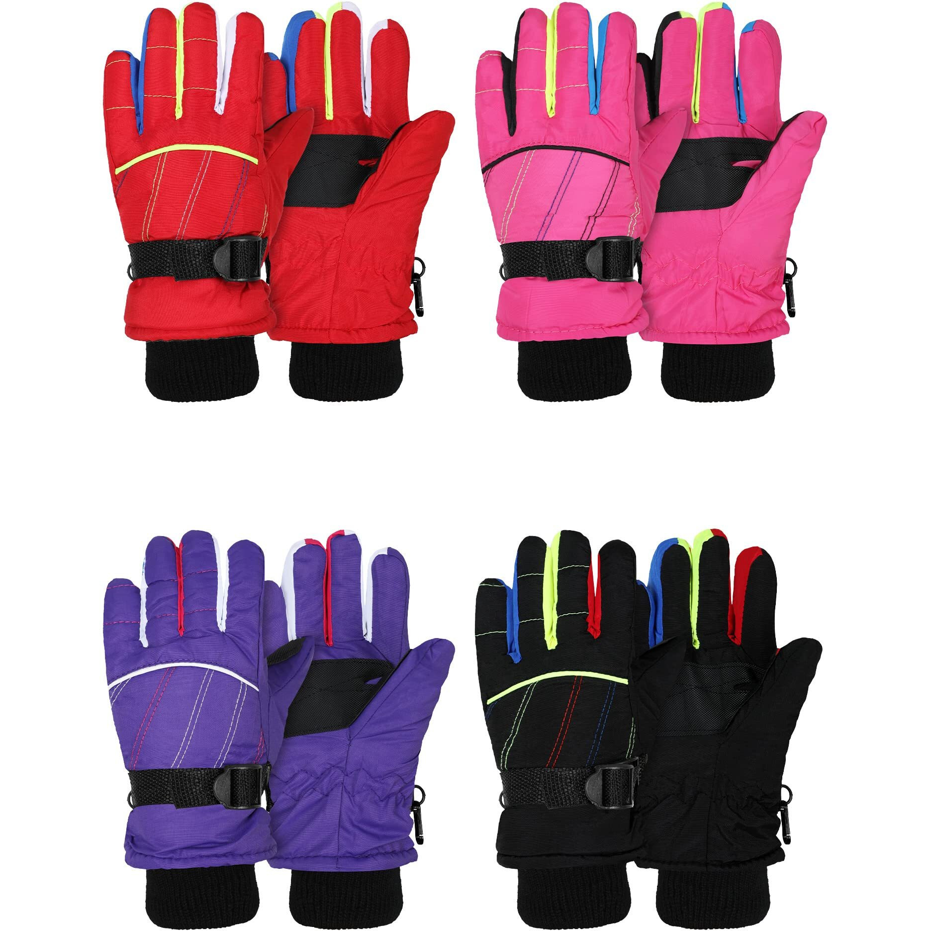 Hicarer 4 Pairs Winter Gloves For Kids Waterproof Snow Ski Gloves Warm Unisex Camouflage Clothes For Cold Weather Girls Boys Children(Purple, Pink, Black, Red,6-12 Years Old)