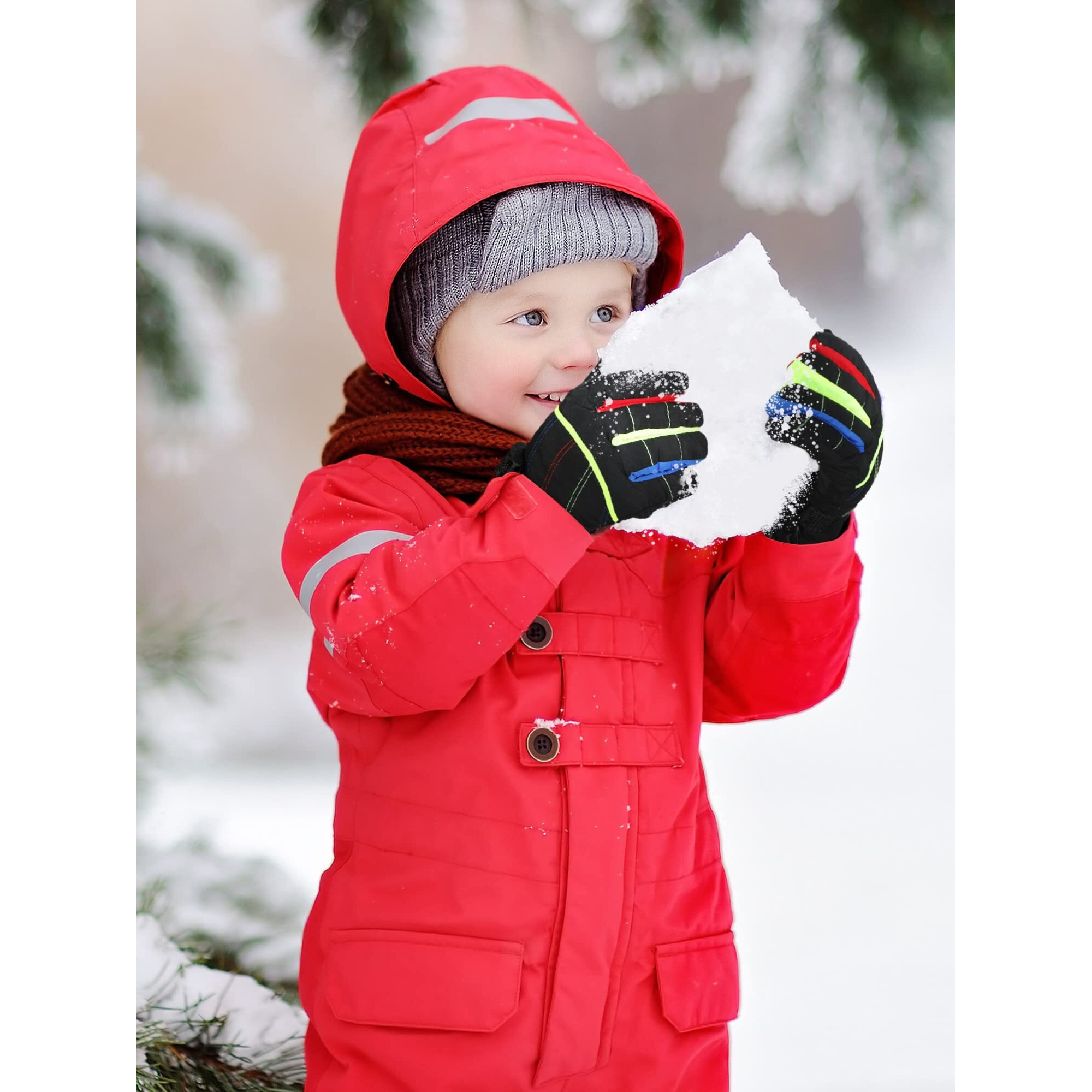 Hicarer 4 Pairs Winter Gloves For Kids Waterproof Snow Ski Gloves Warm Unisex Camouflage Clothes For Cold Weather Girls Boys Children(Purple, Pink, Black, Red,6-12 Years Old)