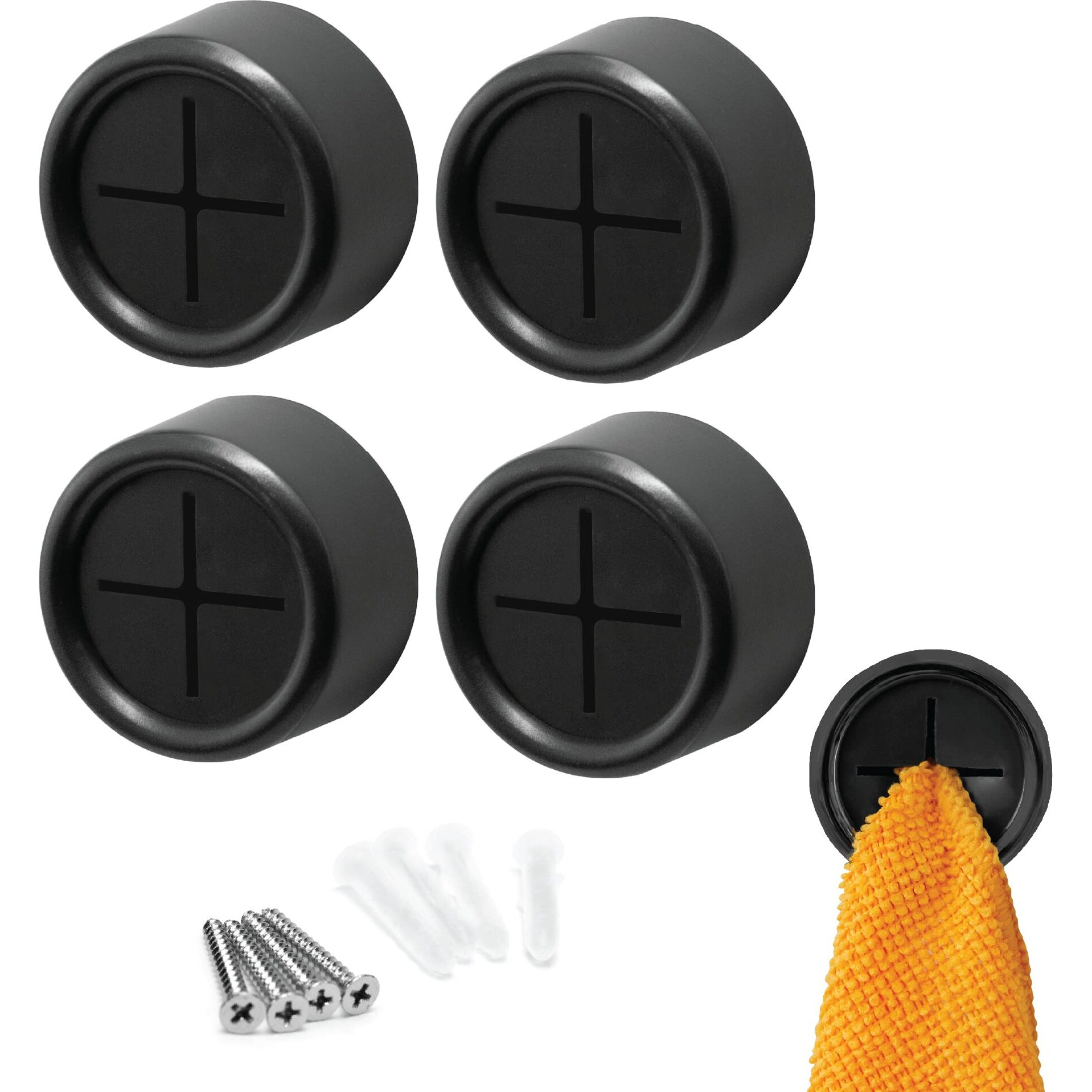 S&T Inc. Round Adhesive Push Towel Hooks For Kitchen, Hand And Dish Towels, Matte Black, 4 Pack