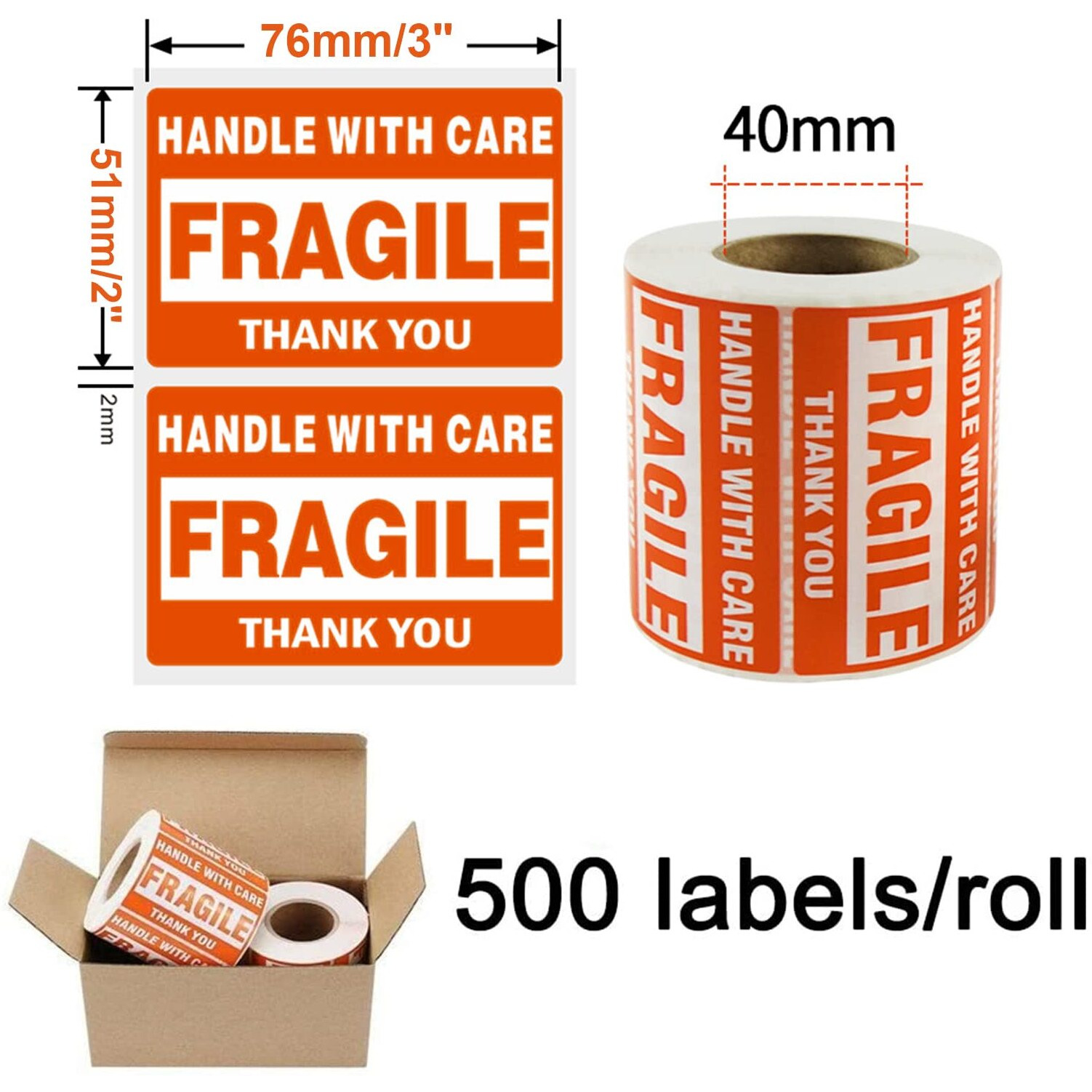 Sjpack 2000 Fragile Stickers 4 Rolls 2 "" X 3 "" Fragile - Handle With Care - Thank You Shipping Labels Stickers (500 Labels/Roll)