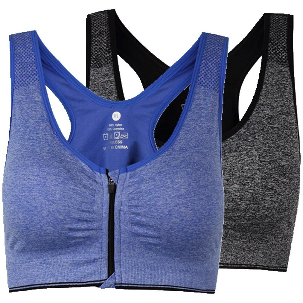 Ohlyah Women 's Zipper Front Closure Sports Bra Racerback Yoga Bras (Xxl 40C 40D 42B 42C, 2 Pack Blue Grey)