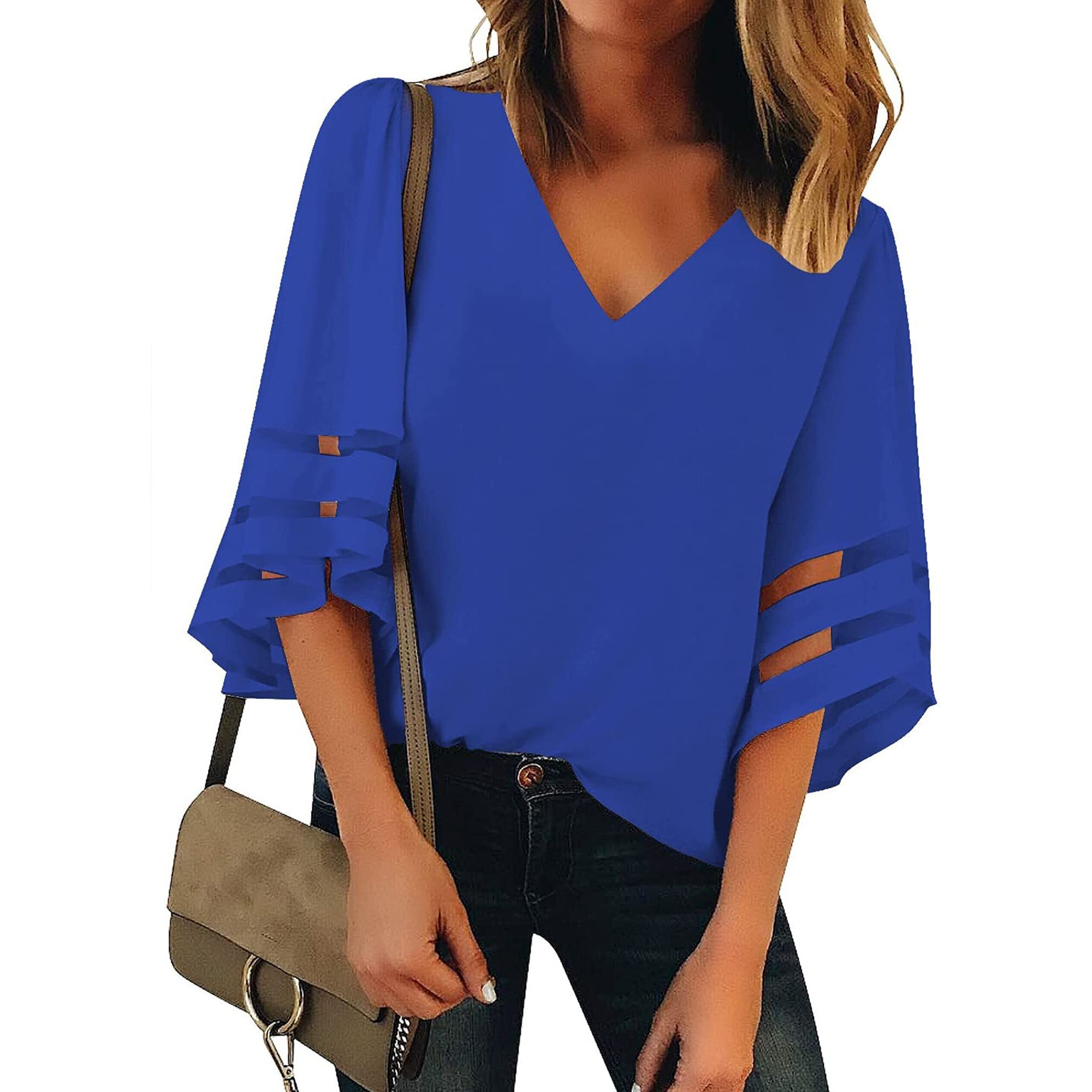 Utyful Women Tops For Women Casual Summer Royal Blue Blouse Womens Blouses Fall V Neck-Royal Blue Large