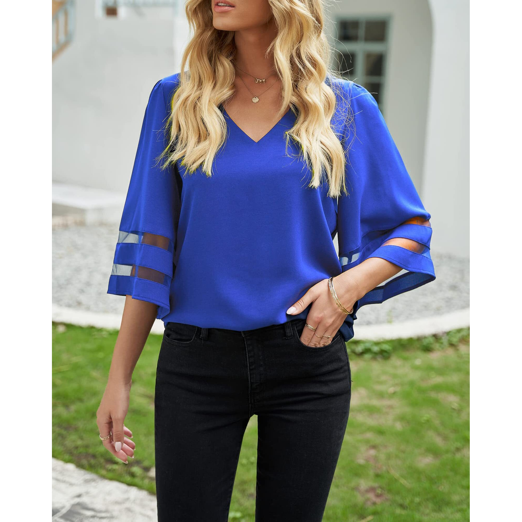 Utyful Women Tops For Women Casual Summer Royal Blue Blouse Womens Blouses Fall V Neck-Royal Blue Large