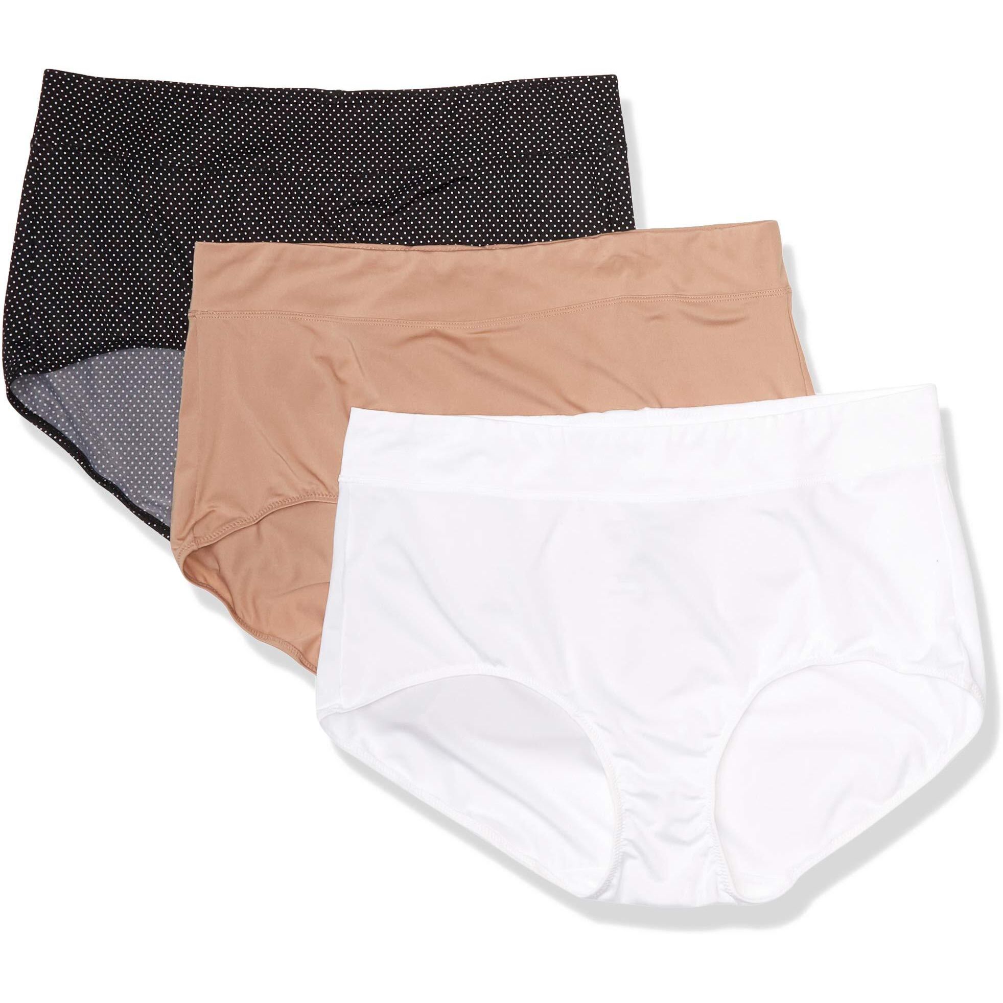Warner's Womens Blissful Benefits No Muffin 3 Pack Brief Panty Underwear, Tw/Ta/Ub And Tw Pin Dot, X-Large Us