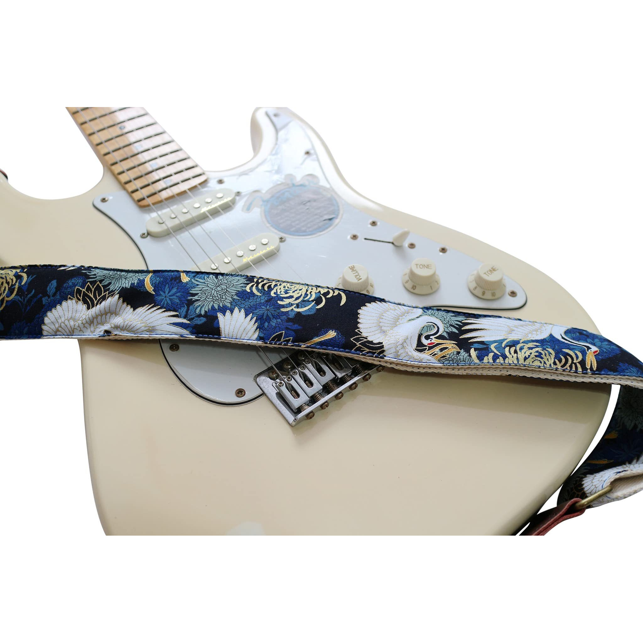 Music First Original Design, 2 Inch Width (5Cm), Vintage Ukiyoe Style Chrysanthemum & Crane In Blue Electric Guitar Strap Bass Strap (Chrysanthemum & Crane In Blue)