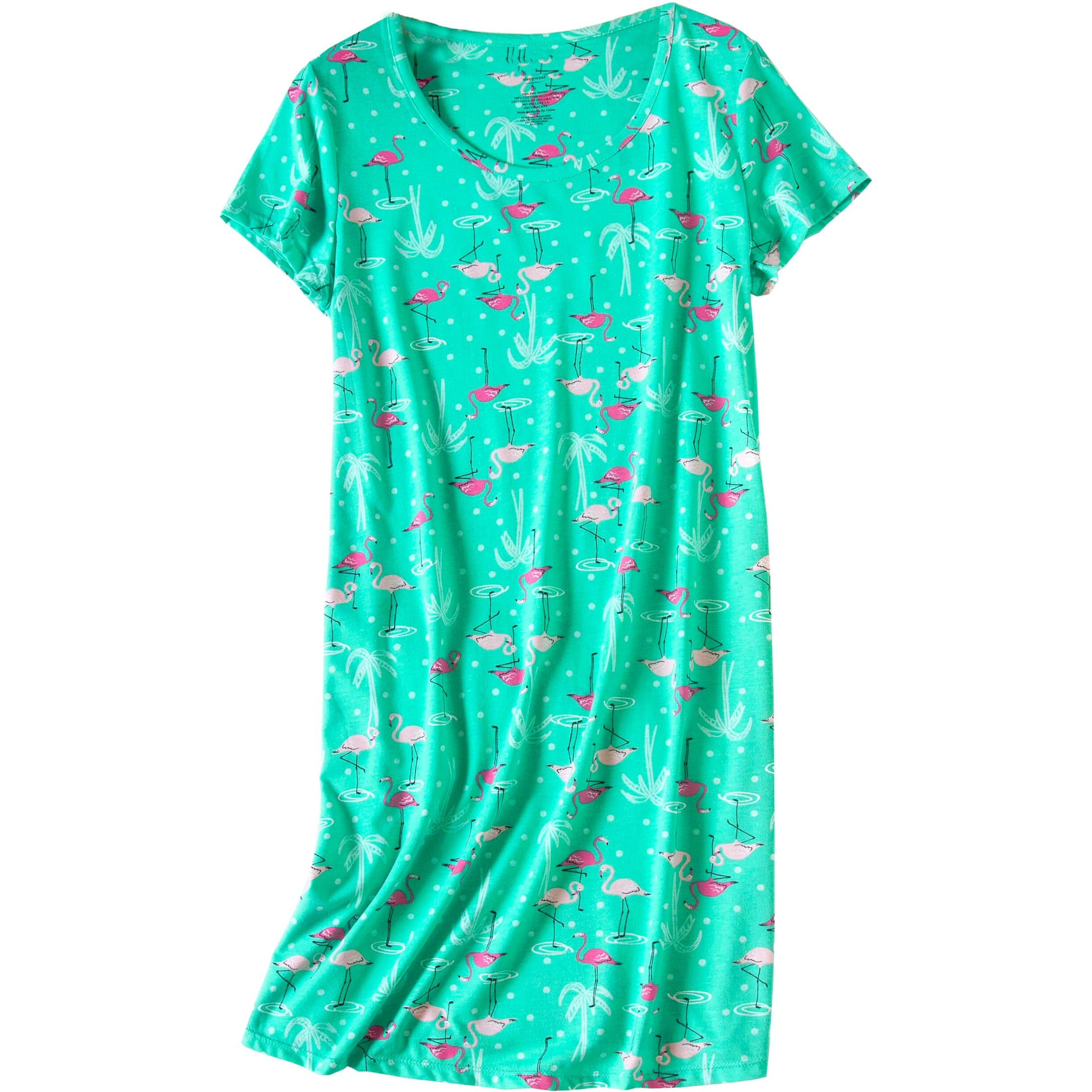 Pnaeong Women 's Cotton Nightgown Sleepwear Short Sleeves Shirt Casual Print Sleepdress Xtsy108-Green Flamingo-S