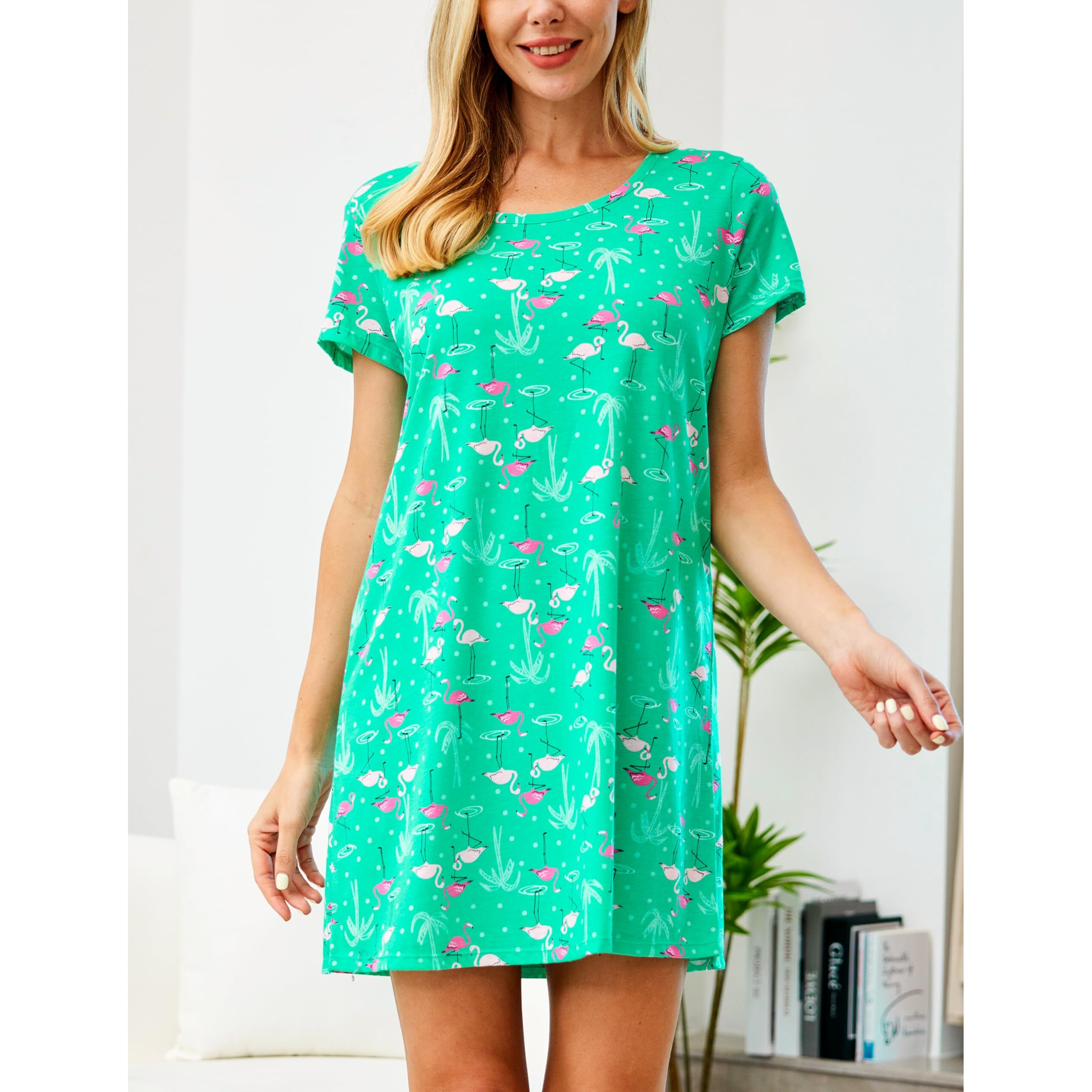Pnaeong Women 's Cotton Nightgown Sleepwear Short Sleeves Shirt Casual Print Sleepdress Xtsy108-Green Flamingo-S