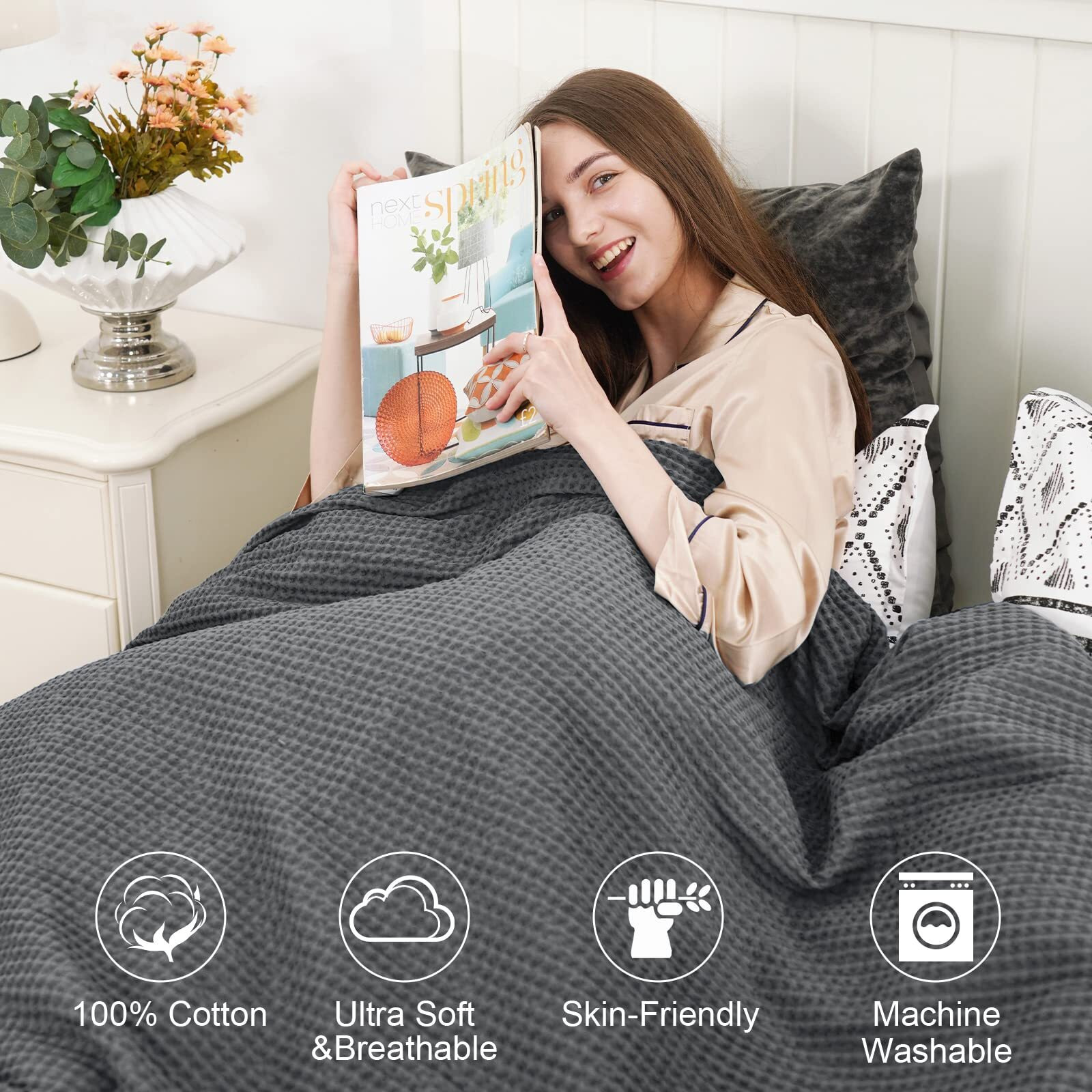 Phf 100% Cotton Waffle Weave Blanket Twin Size 66"&quotX90""- Washed Warm Soft Lightweight Breathable Blanket For All Season-Perfect Blanket Layer For Couch Bed Sofa -Elegant Home Decoration-Charcoal