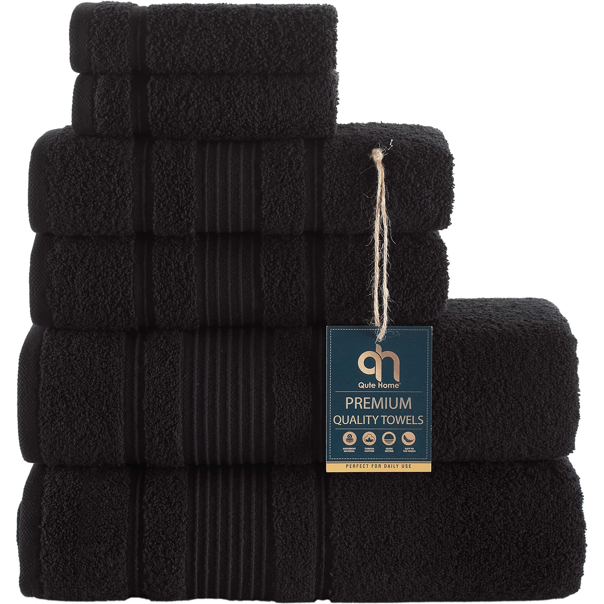 Qute Home 6-Piece Bath Towels Set, 100% Turkish Cotton Premium Quality Bathroom Towels, Soft And Absorbent Turkish Towels, Set Includes 2 Bath Towels, 2 Hand Towels And 2 Washcloths (Black)
