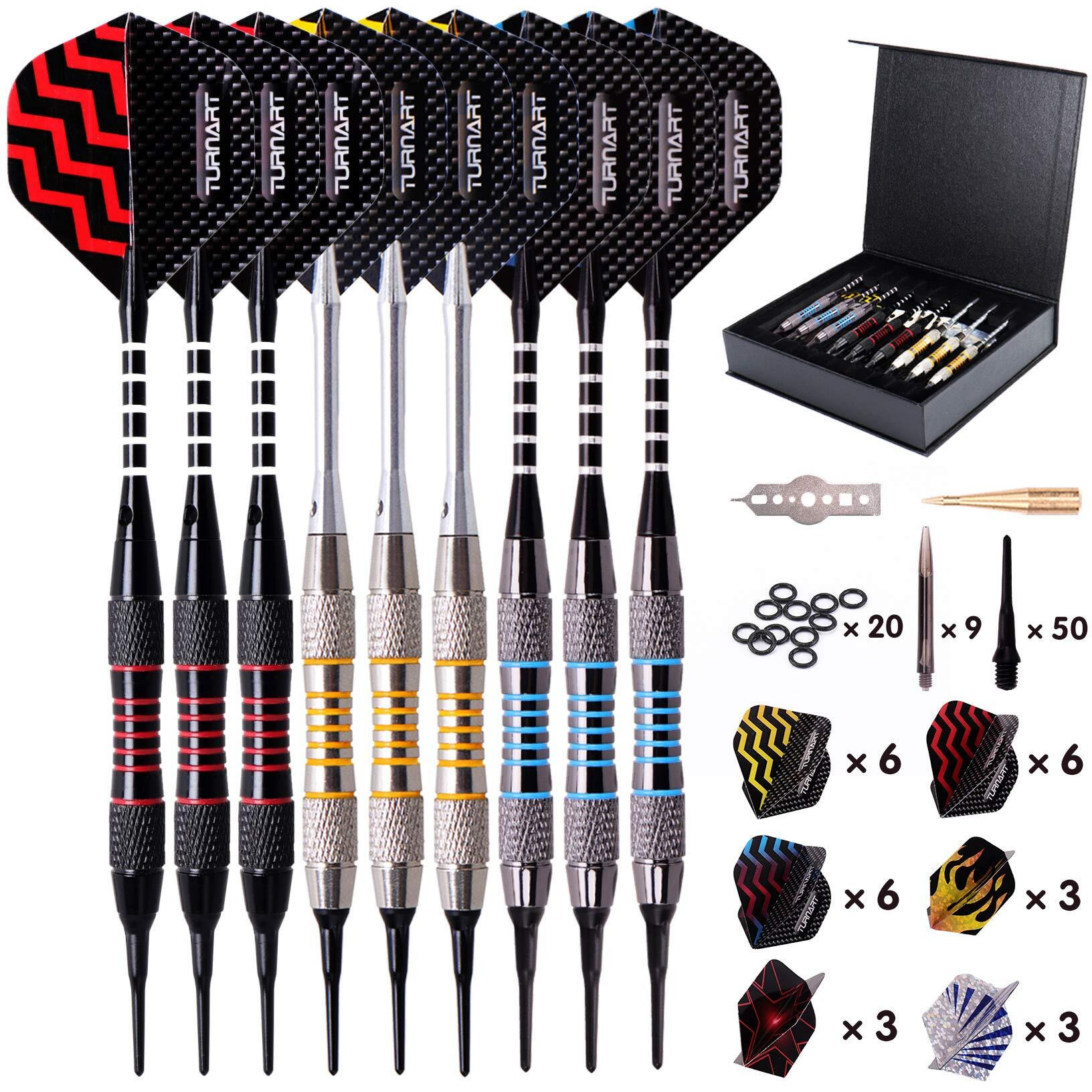 Darts Plastic Tip - Professional Soft Tip Darts Set For Electronic Dartboard 9 Pcs 18 Grams With 50 Extra Tips 9 Shafts 27 Flights Tool Kit Flight Protectors And Gift Darts Case