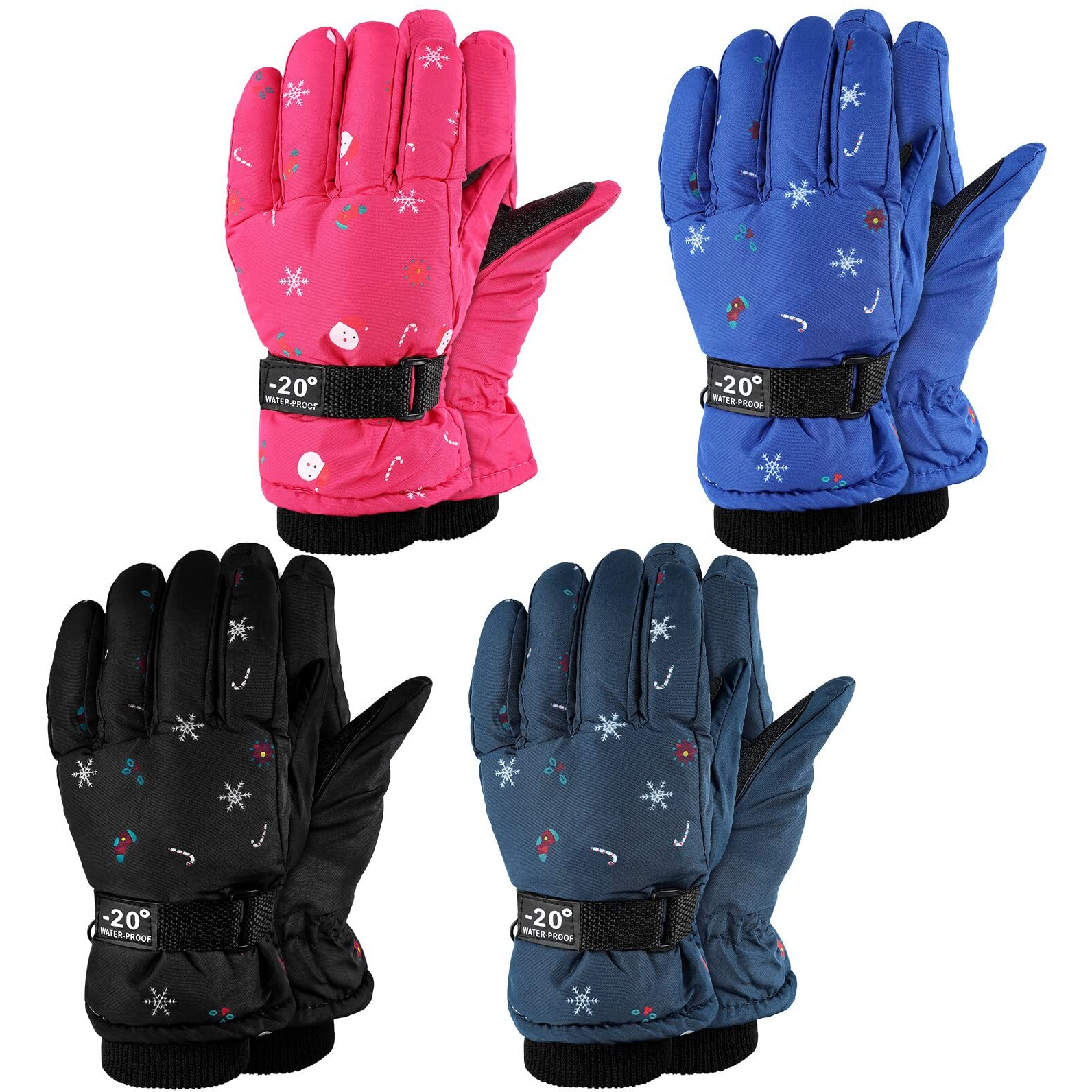 Hicarer 4 Pairs Winter Gloves For Kids Waterproof Snow Ski Gloves Warm Unisex Camouflage Clothes For Cold Weather Girls Boys Children(Dark Blue, Pink, Black, Blue,1-4 Years Old)