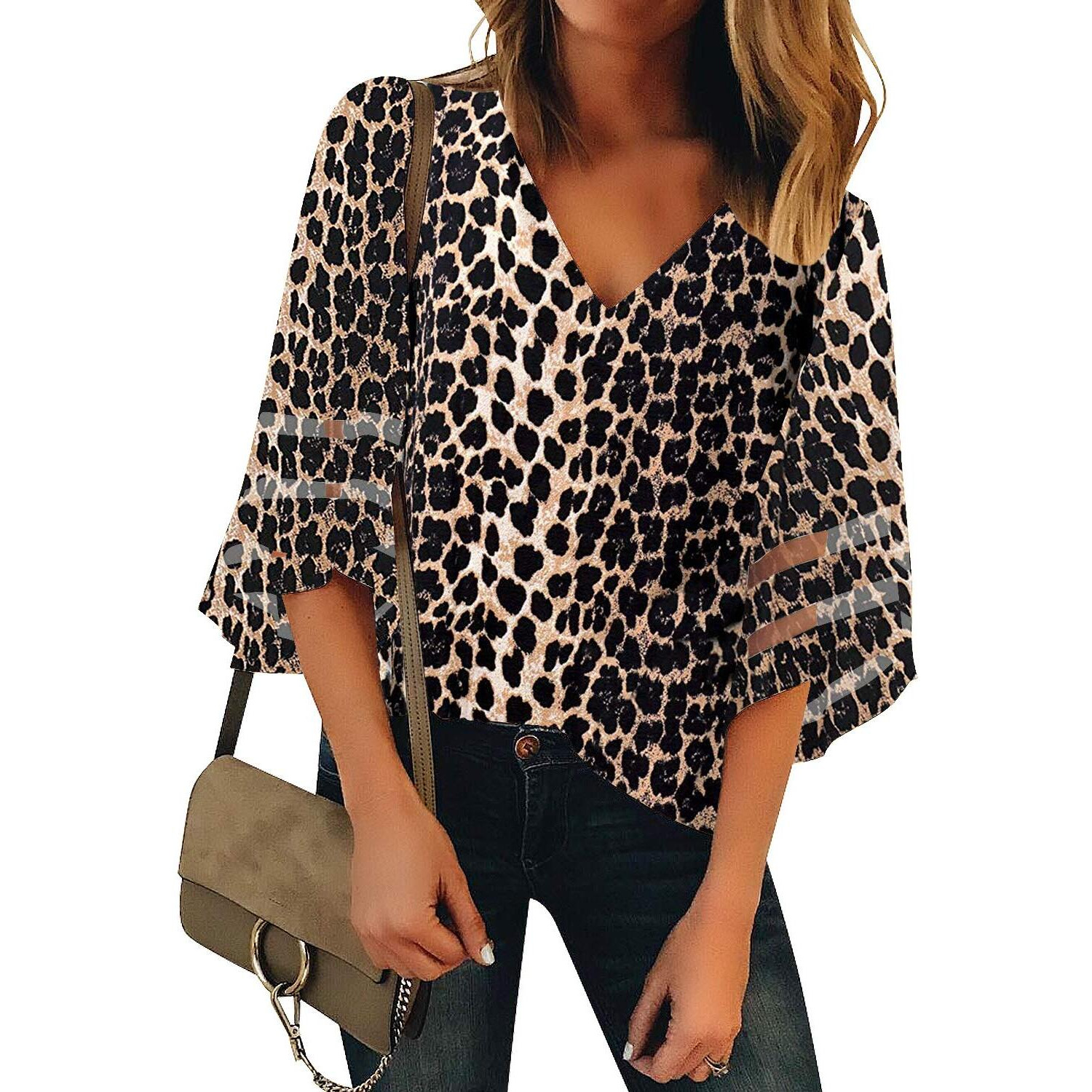 Utyful Women 's 3/4 Bell Sleeve Tops V Neck Blouse Summer Blouses For Women Blouses And Tops Dressy For Work V Neck-Leopard Large