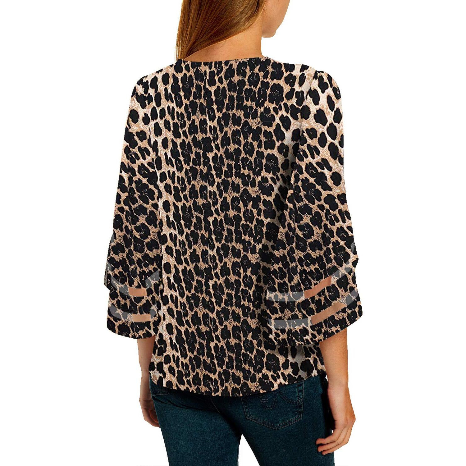 Utyful Women 's 3/4 Bell Sleeve Tops V Neck Blouse Summer Blouses For Women Blouses And Tops Dressy For Work V Neck-Leopard Large