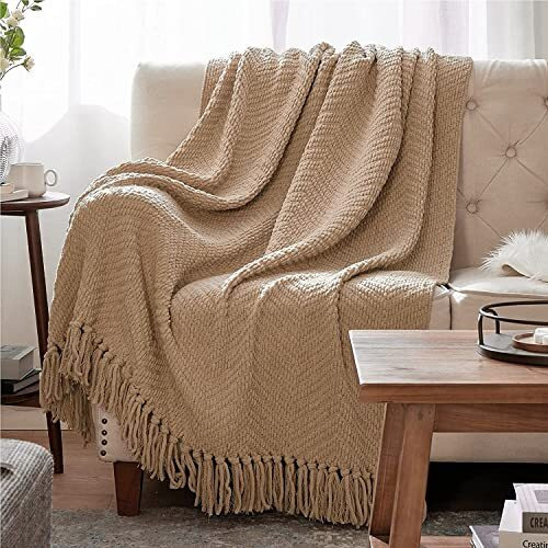 Bedsure Throw Blanket For Couch - Beige Knit Woven Chenille Blanket Versatile For Chair, 50 X 60 Inch, Super Soft Warm Decorative Blanket With Tassels For Bed, Sofa And Living Room