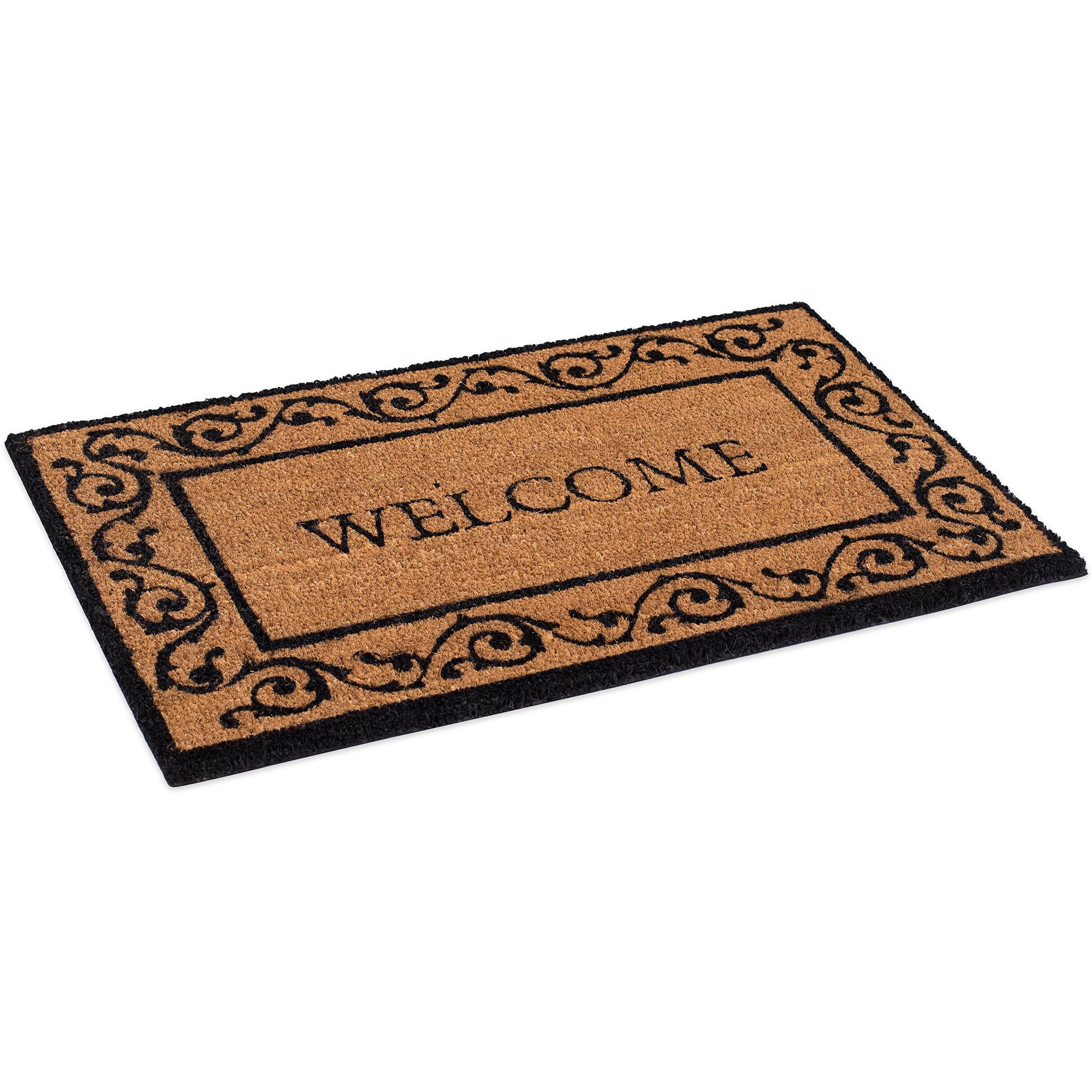 Birdrock Home Welcome Coir Doormat With Scroll Border - 18 X 30 Inch - Standard Welcome Mat With Black Decorative Border - Natural Fade - Vinyl Backed - Outdoor